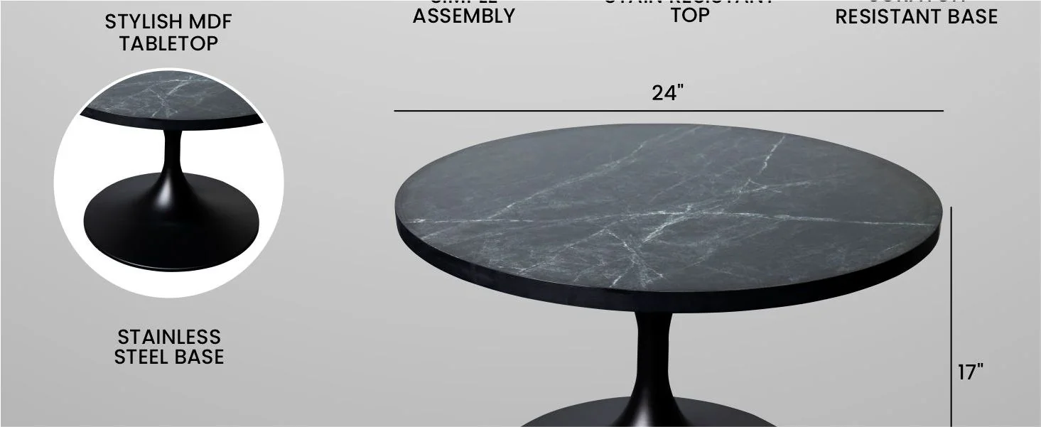 Verve Coffee Table Black base with 27" round Black Marble MDF top