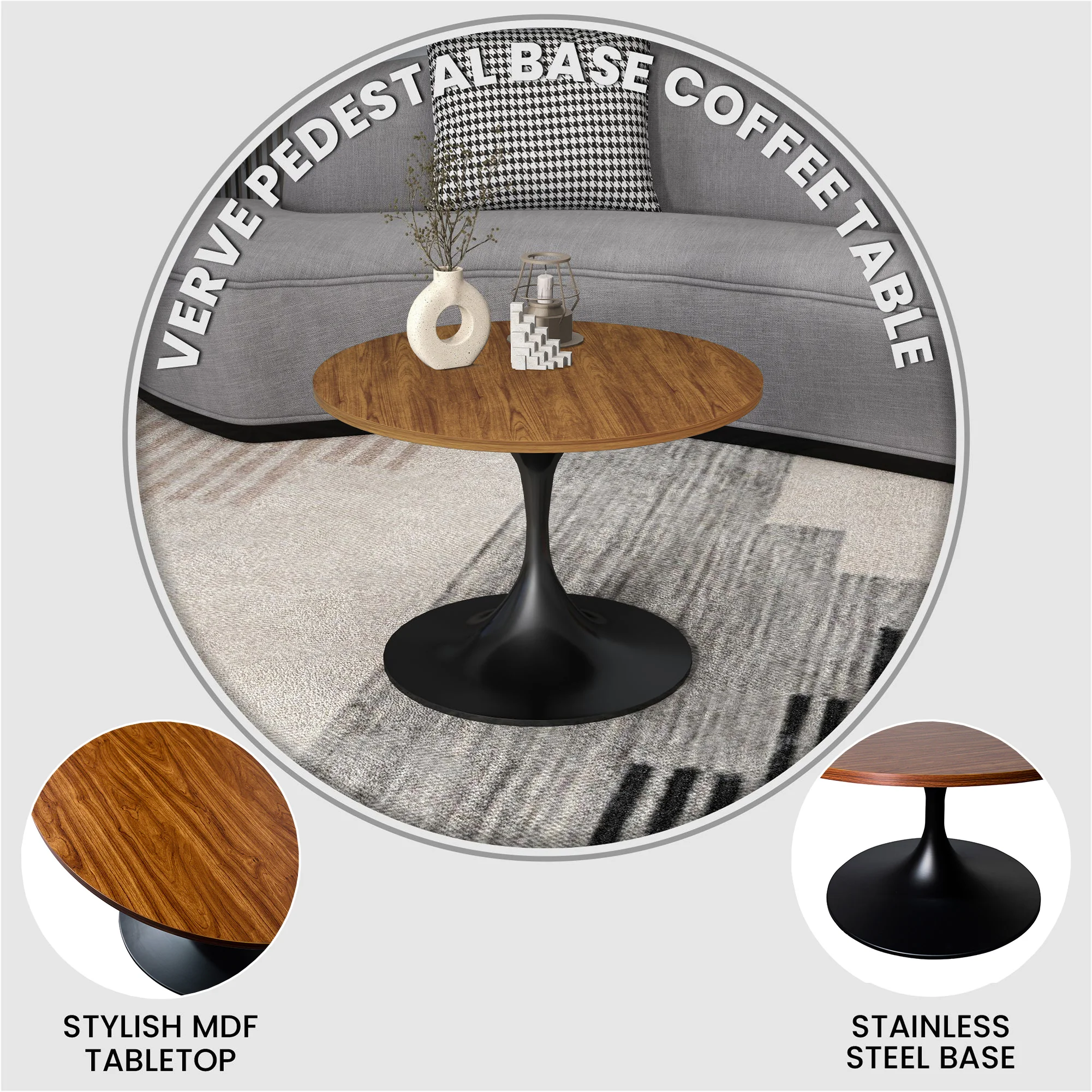 Verve Coffee Table Black base with 27" round Brown Wood MDF top