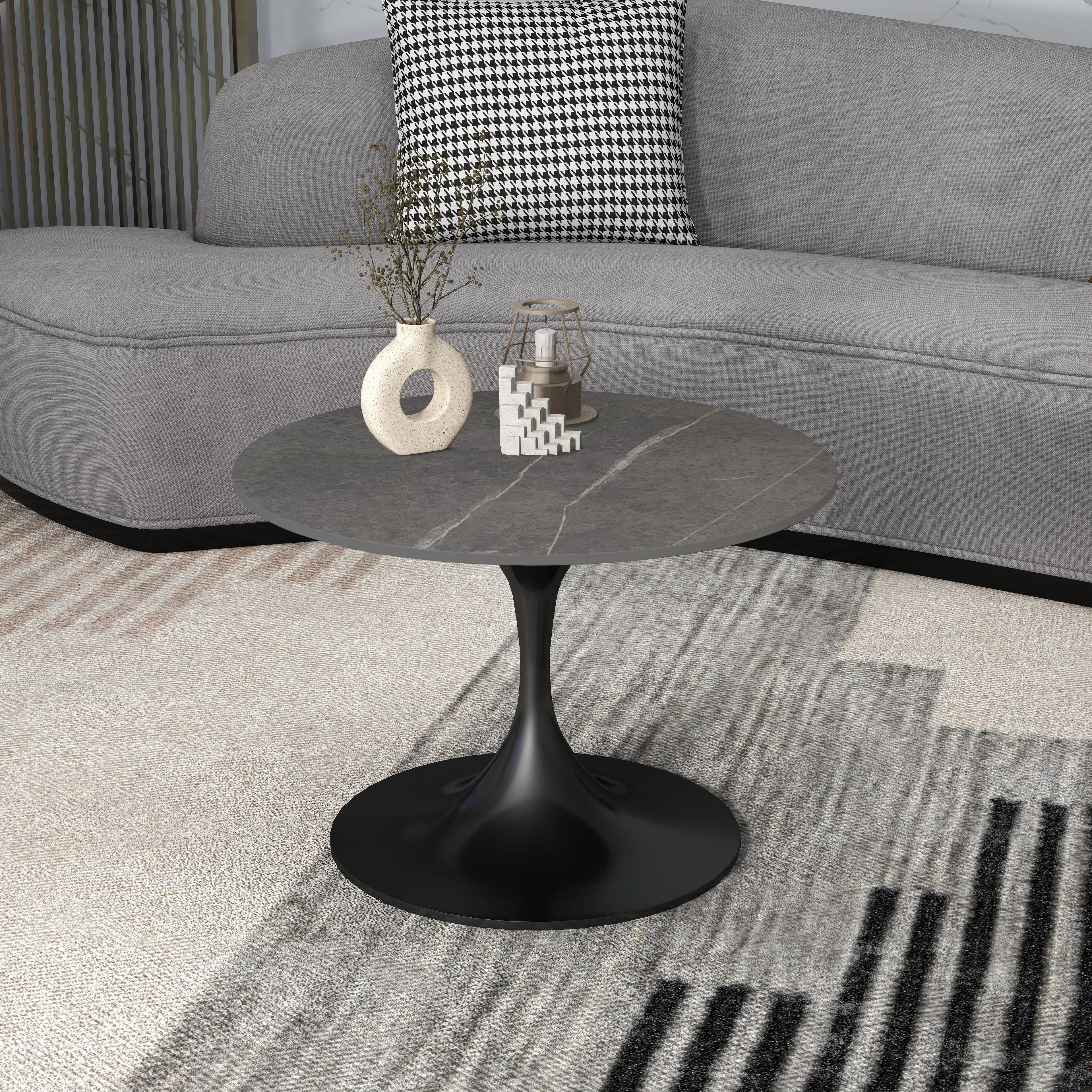Verve Coffee Table Black base with 27" round Grey Sintered Stone top