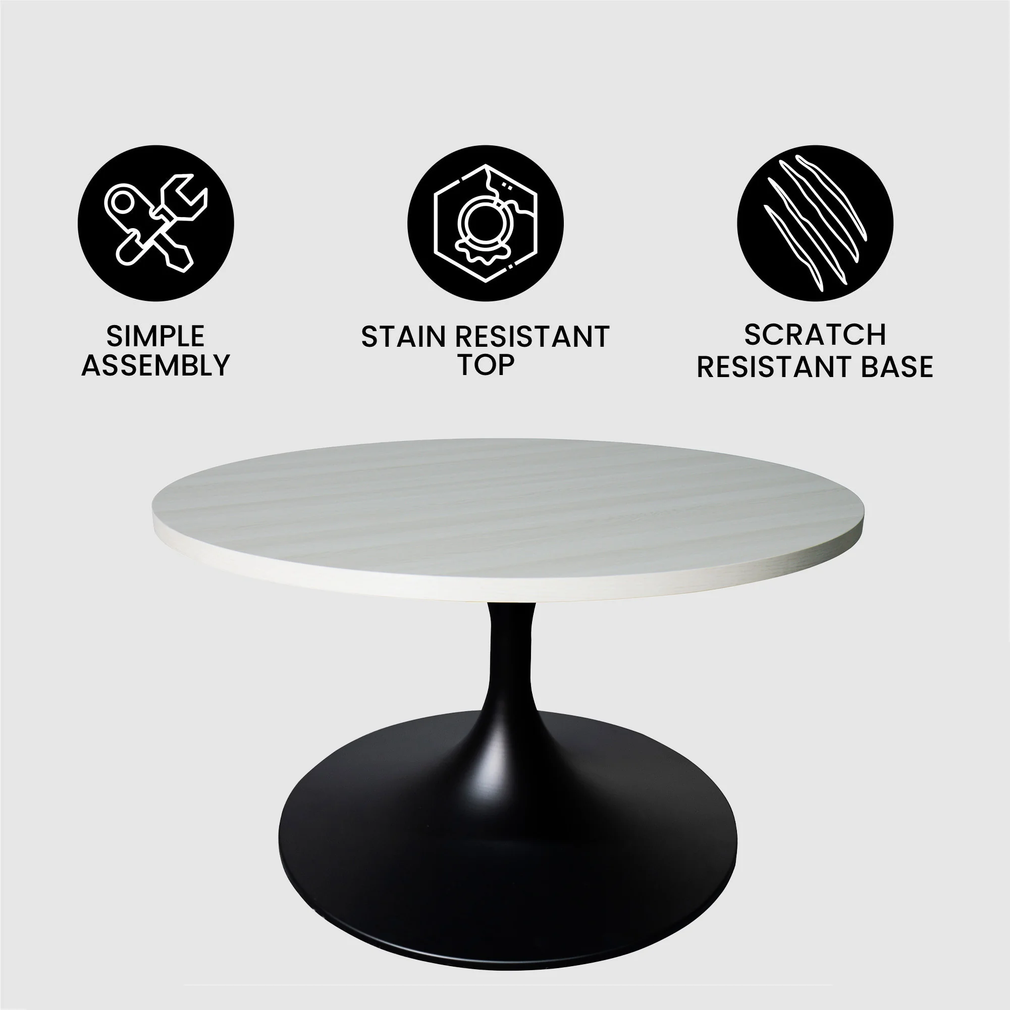 Verve Coffee Table Black base with 27" round Light Natural MDF top