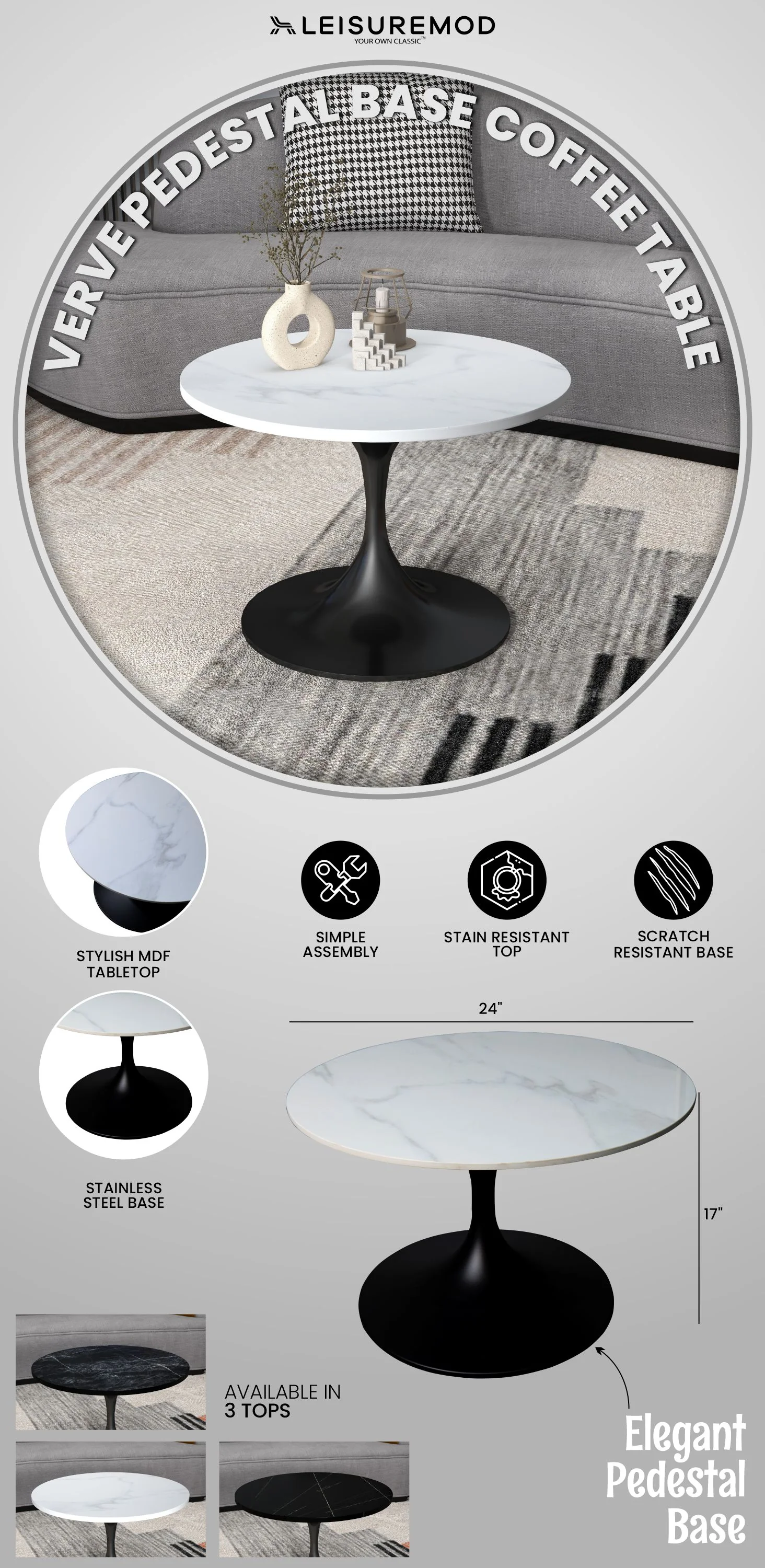 Verve Coffee Table Black base with 27" round White Sintered Stone top