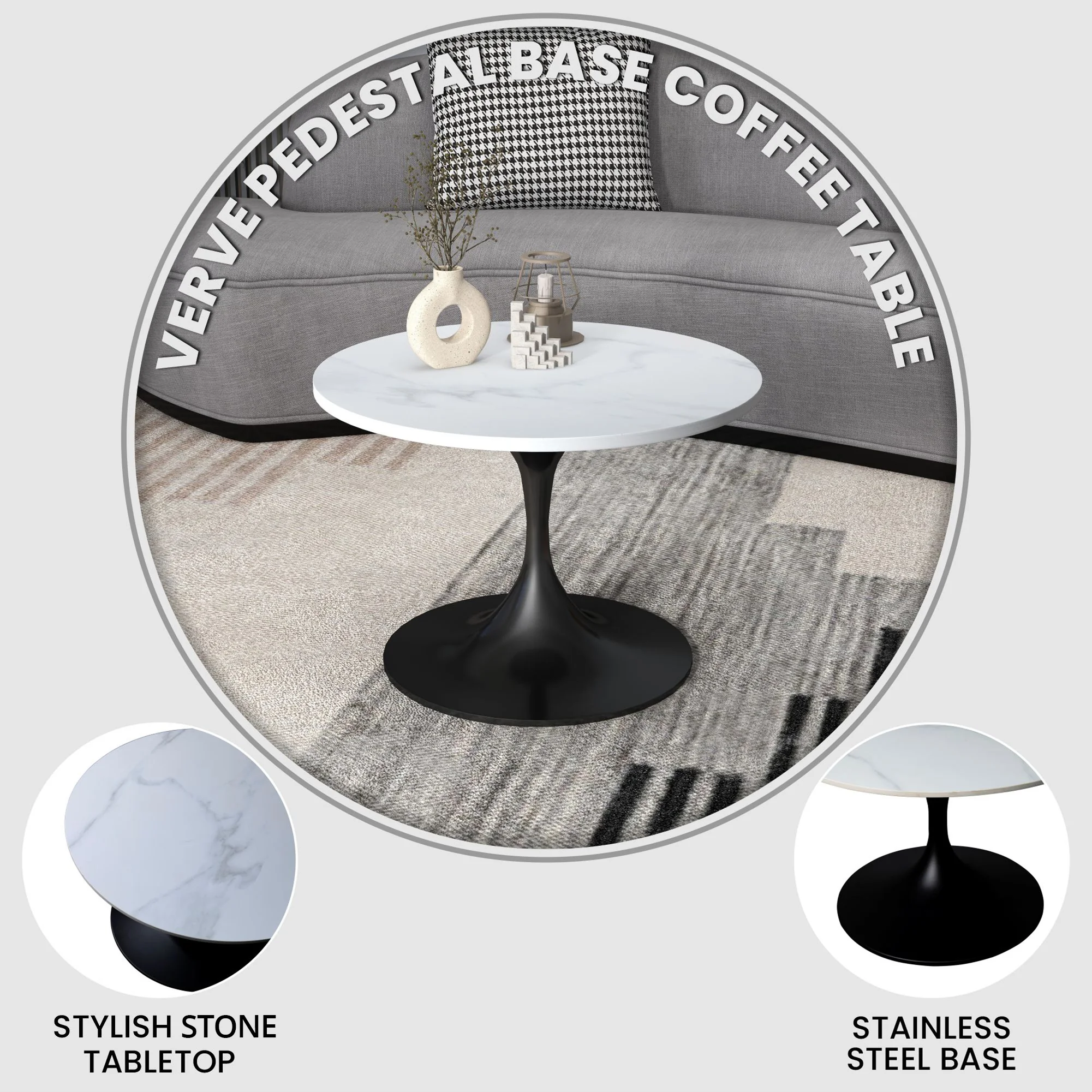 Verve Coffee Table Black base with 27" round White Sintered Stone top