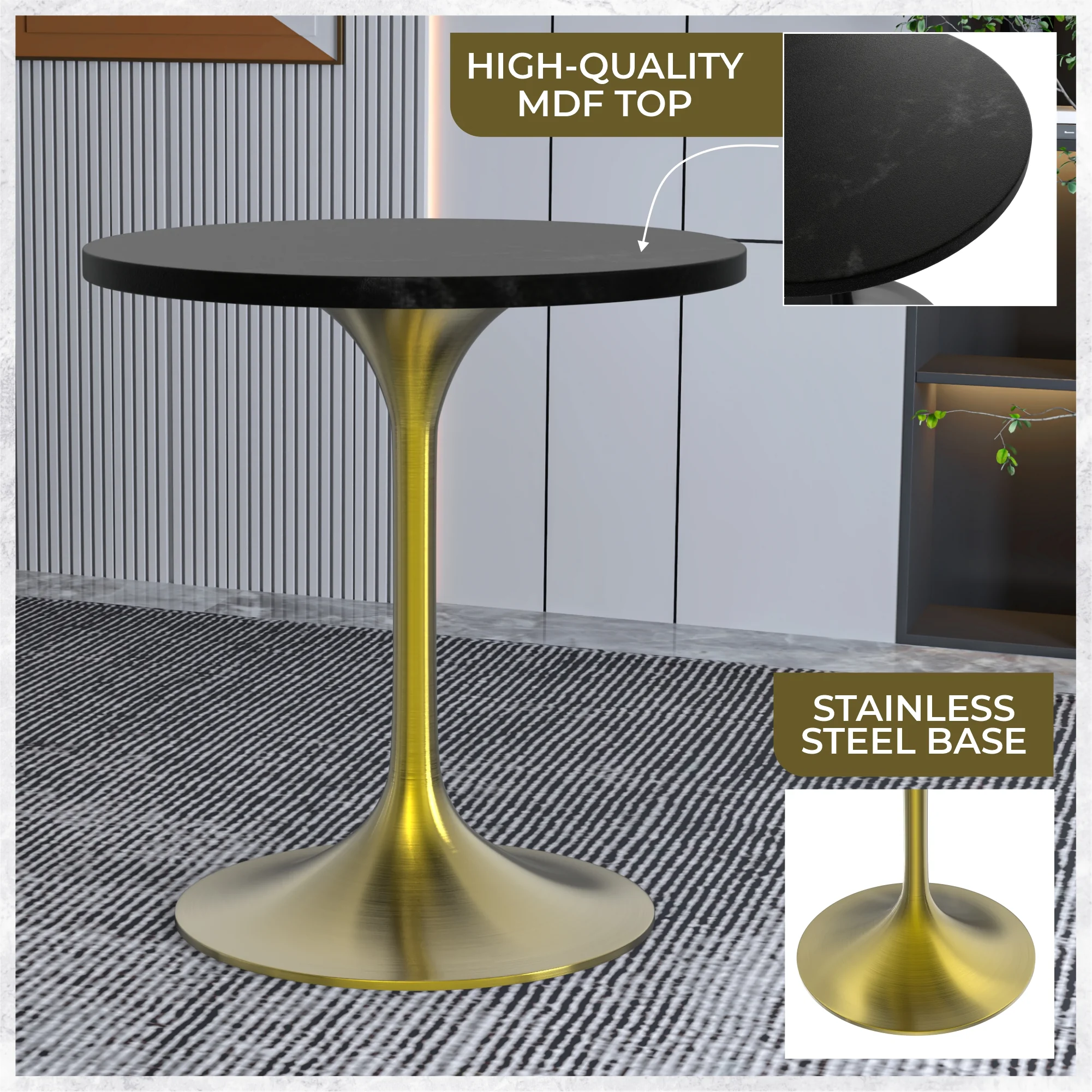 Verve Collection 27" Round Dining Table, Brushed Gold Base with Black MDF Top