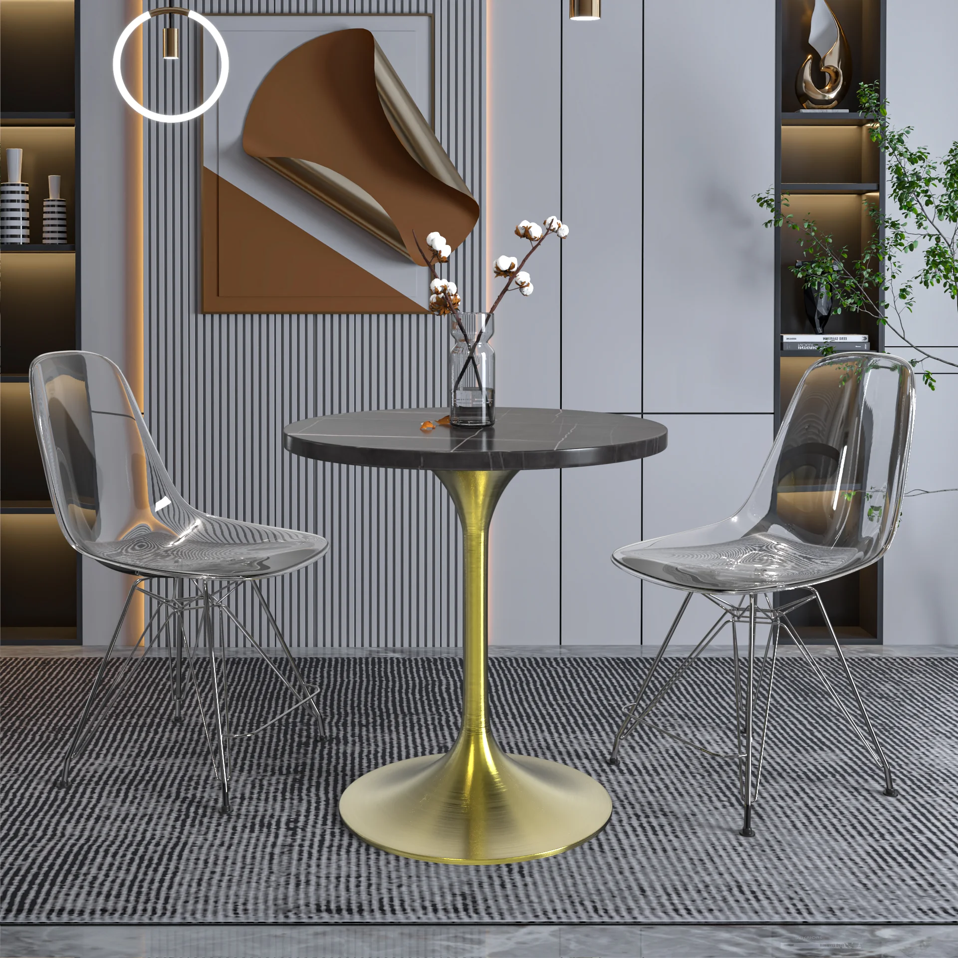 Verve Collection 27 Round Dining Table, Brushed Gold Base with Sintered Stone Black Top