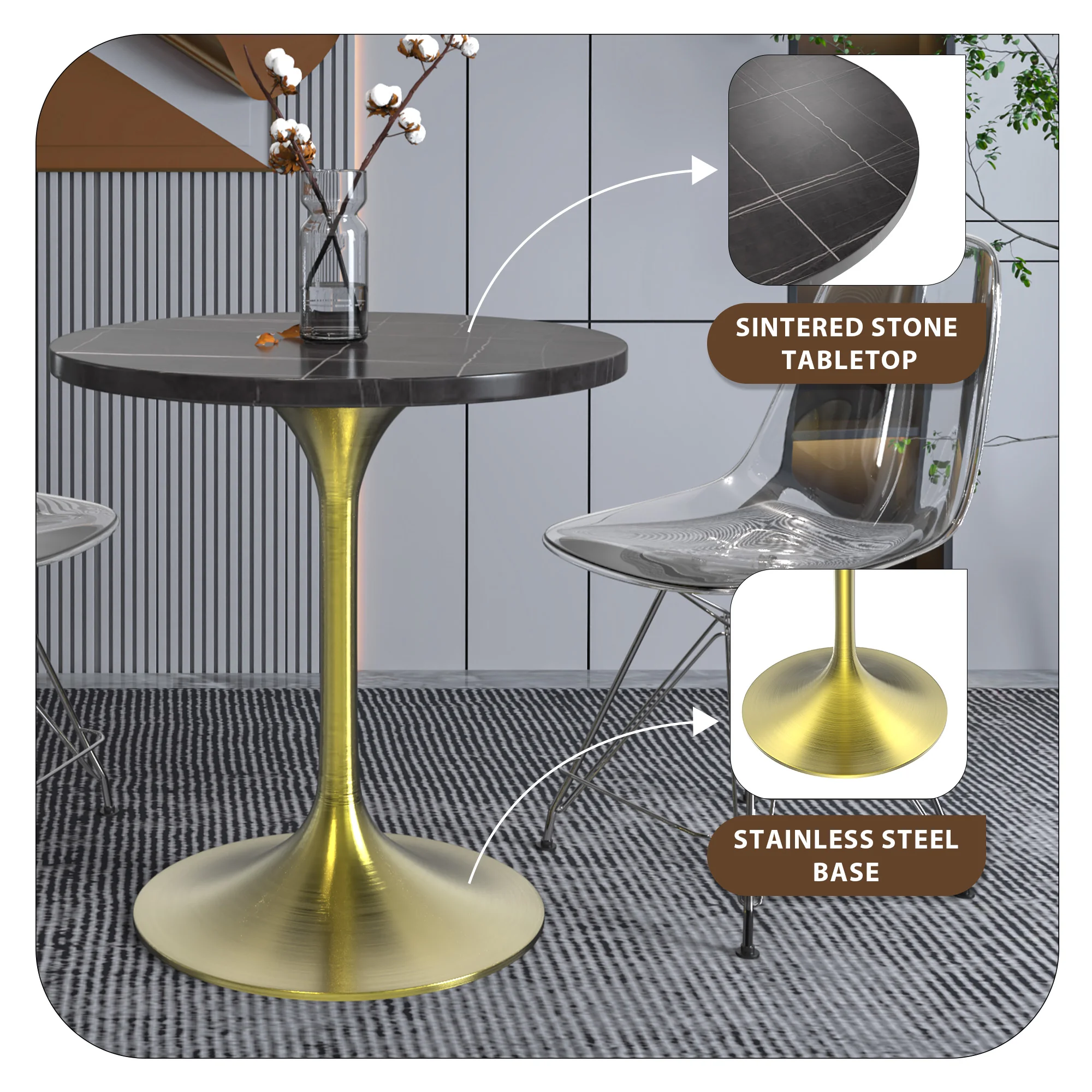 Verve Collection 27 Round Dining Table, Brushed Gold Base with Sintered Stone Black Top