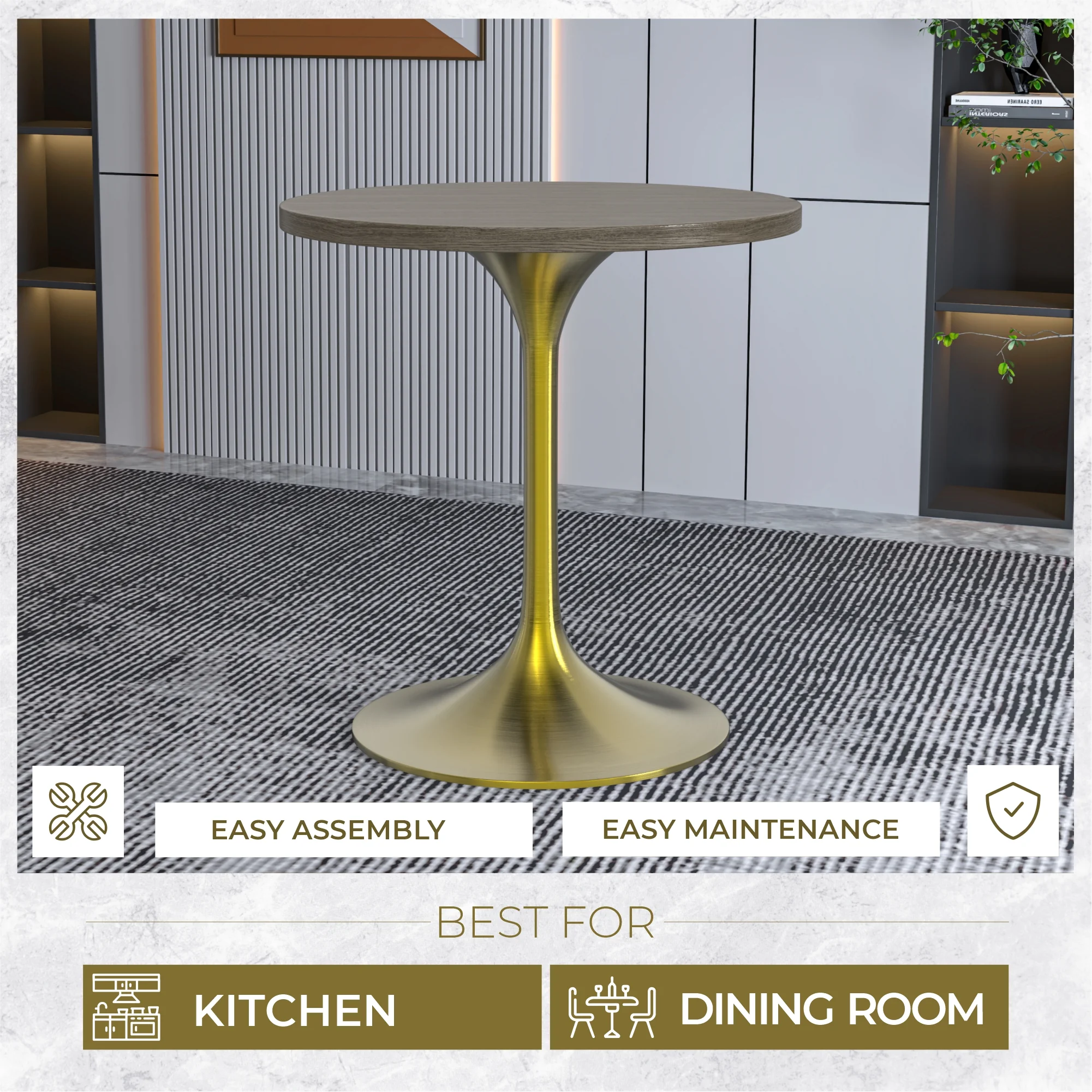 Verve Collection 27" Round Dining Table, Brushed Gold Base with Dark Maple MDF Top