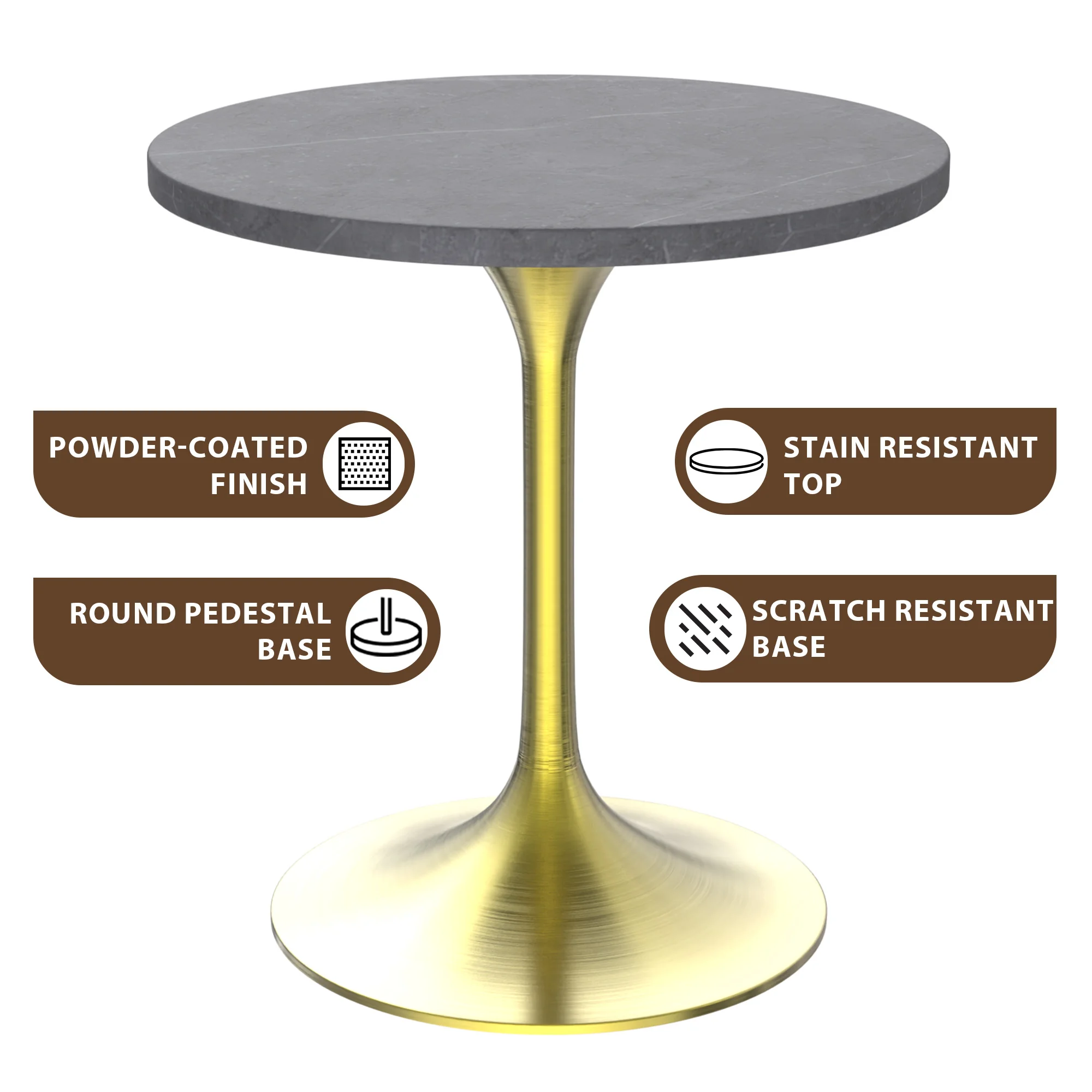 Verve Collection 27 Round Dining Table, Brushed Gold Base with Sintered Stone Grey Top