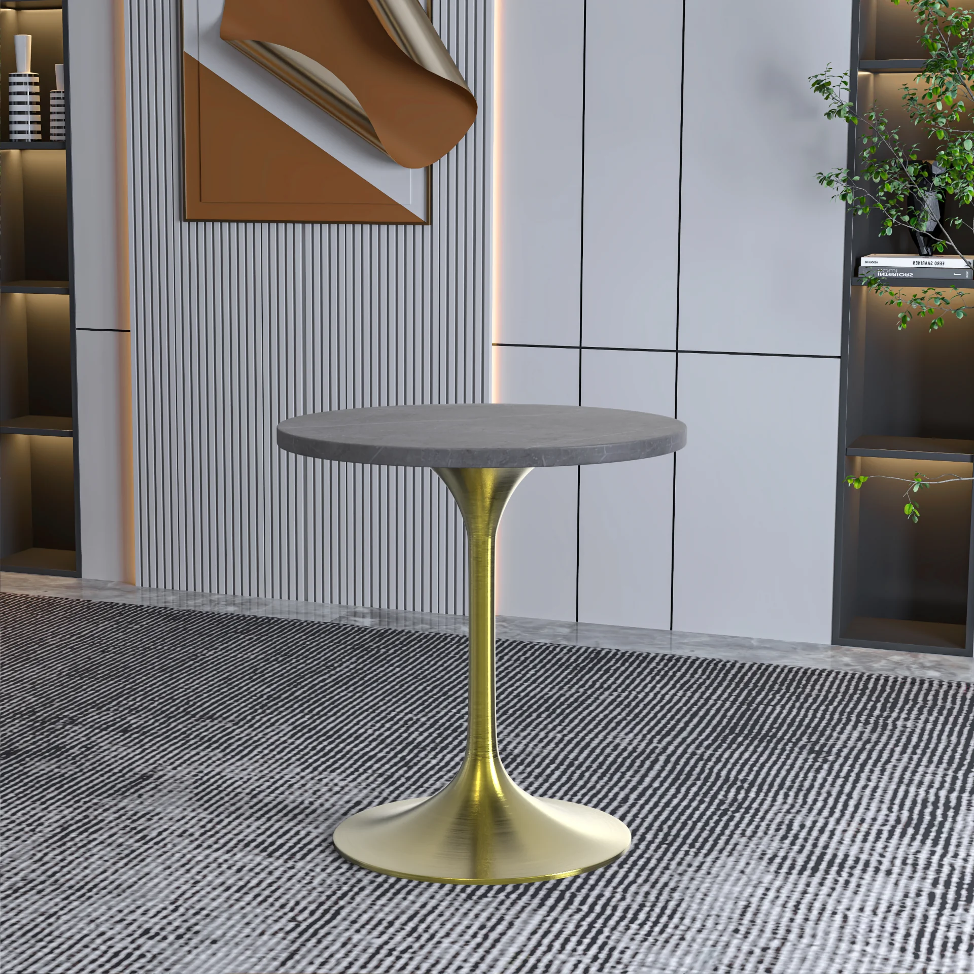 Verve Collection 27 Round Dining Table, Brushed Gold Base with Sintered Stone Grey Top
