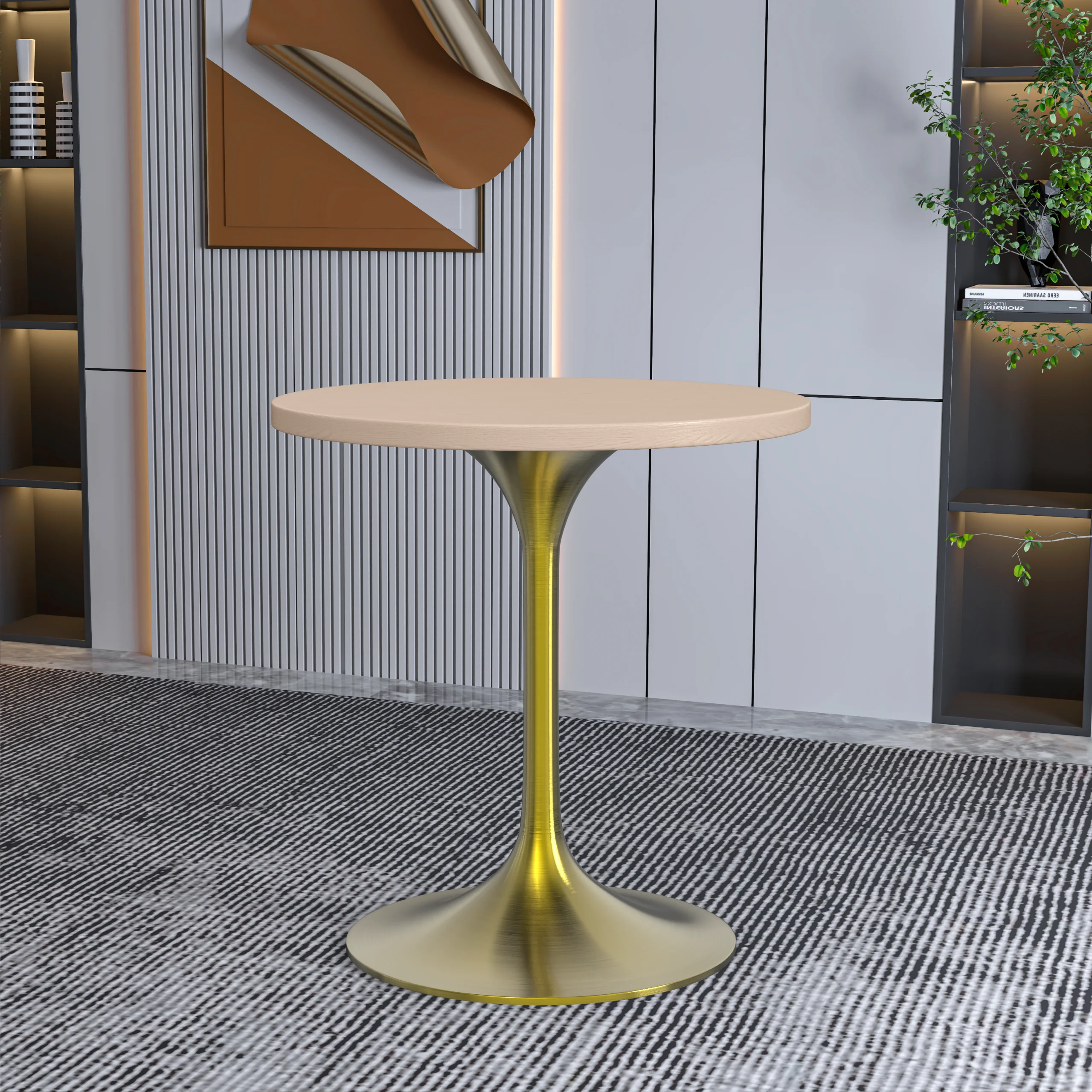 Verve Collection 27" Round Dining Table, Brushed Gold Base with Light Natural Wood MDF Top