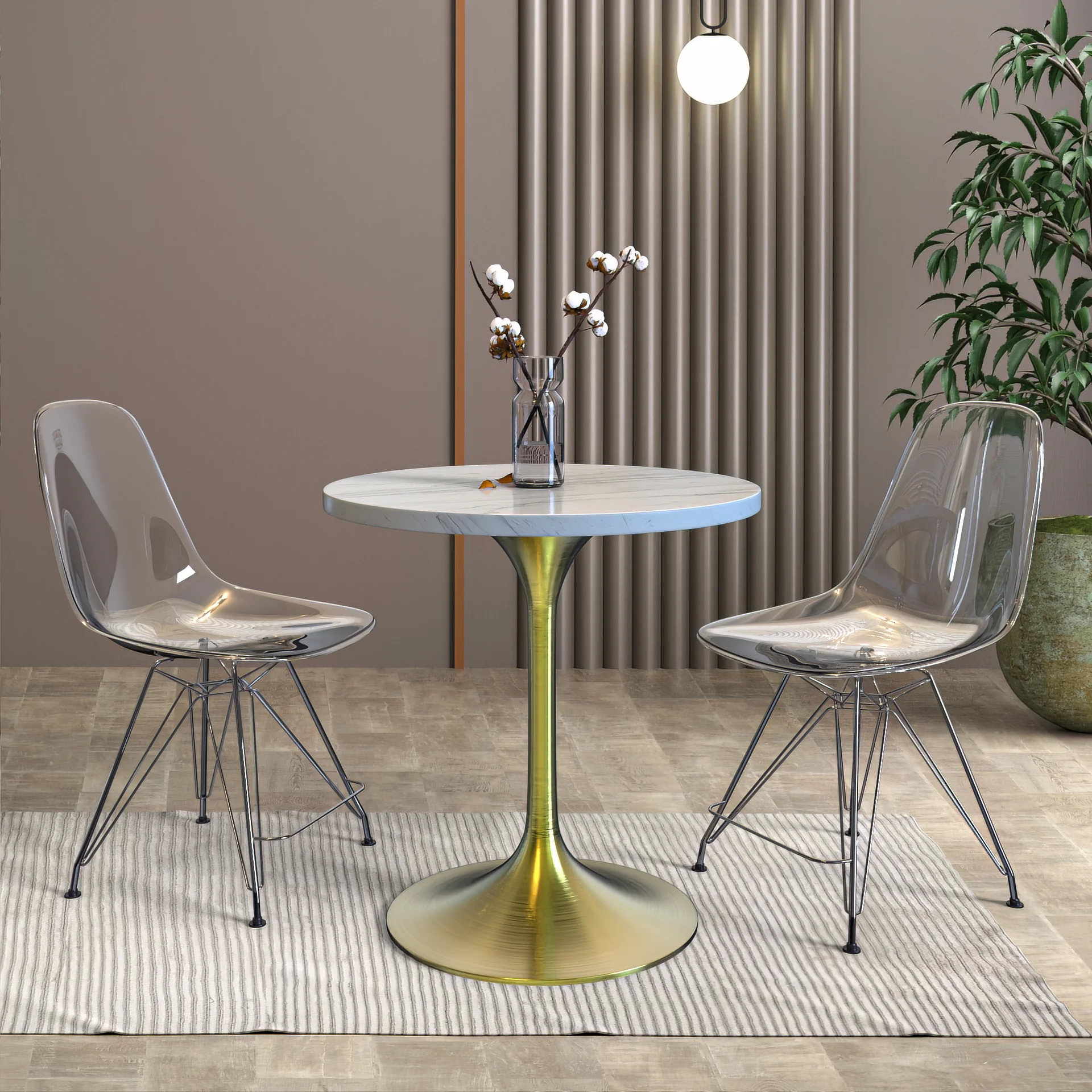 Verve Collection 27 Round Dining Table, Brushed Gold Base with Laminated White Marbleized Top