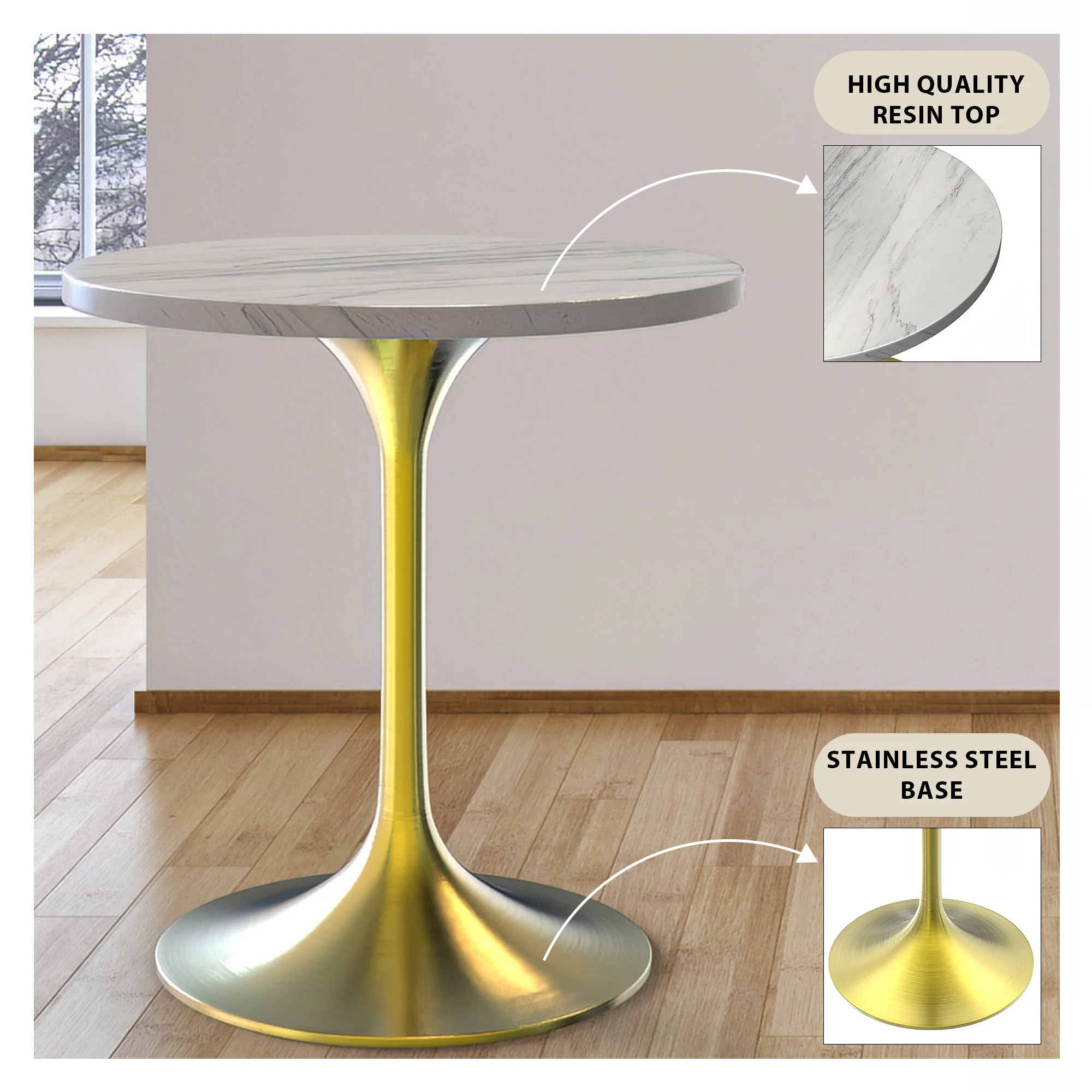 Verve Collection 27 Round Dining Table, Brushed Gold Base with Laminated White Marbleized Top