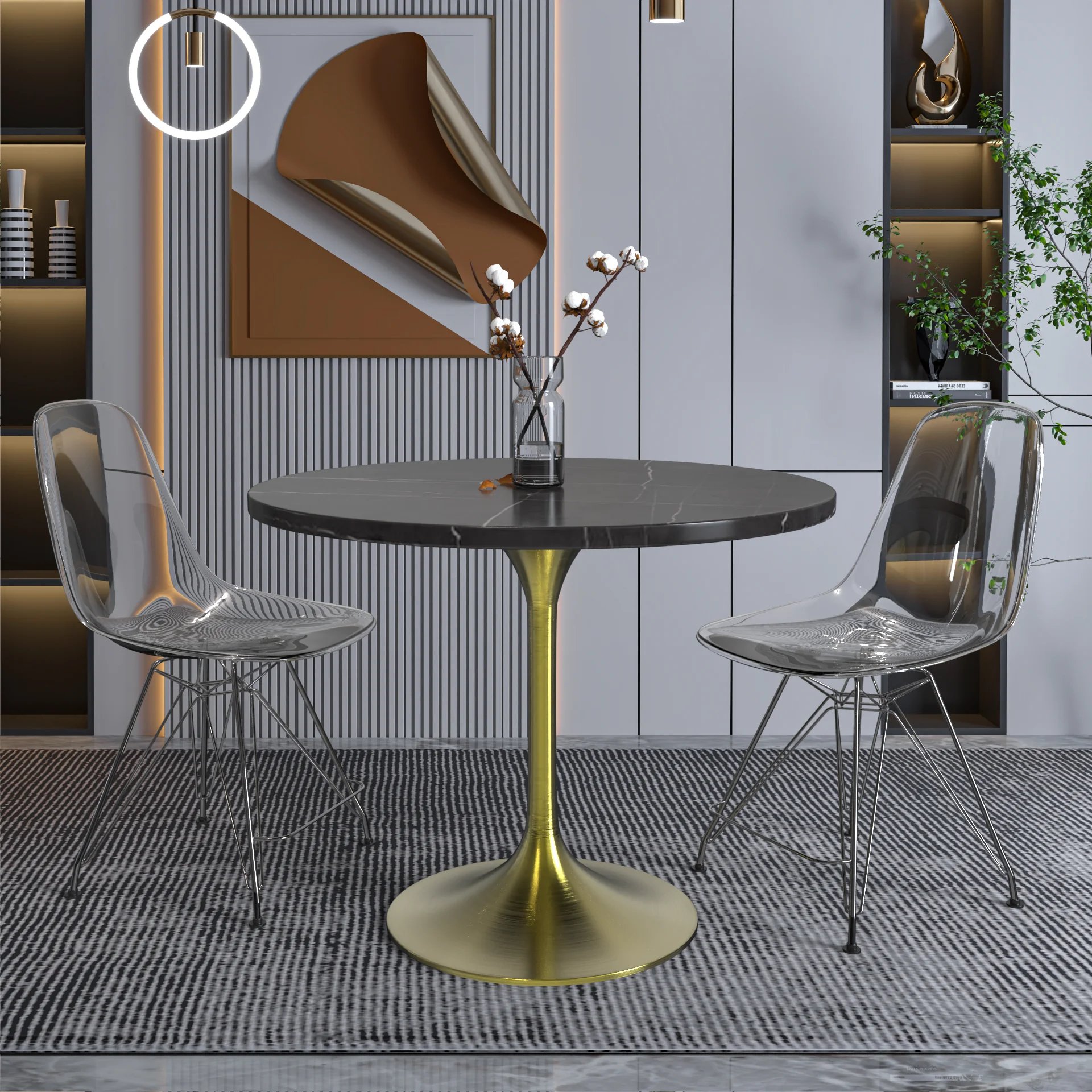 Verve Collection 36 Round Dining Table, Brushed Gold Base with Sintered Stone Black Top