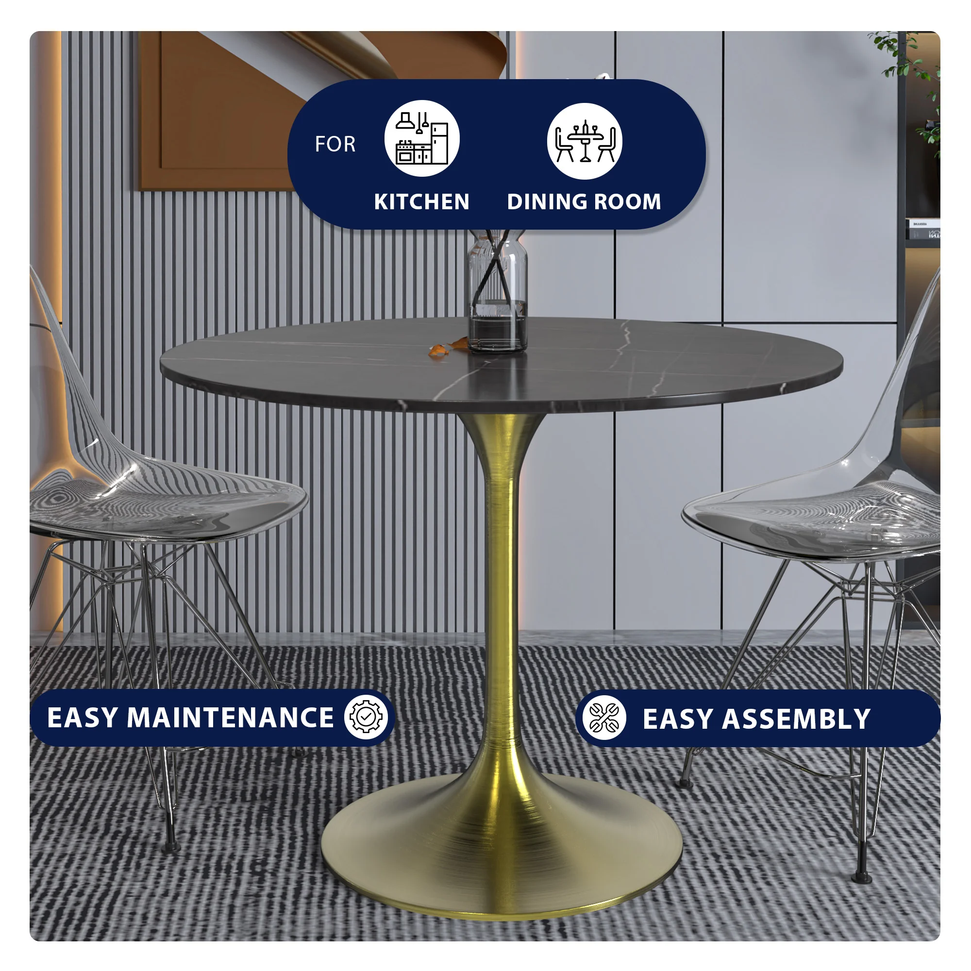 Verve Collection 36 Round Dining Table, Brushed Gold Base with Sintered Stone Black Top