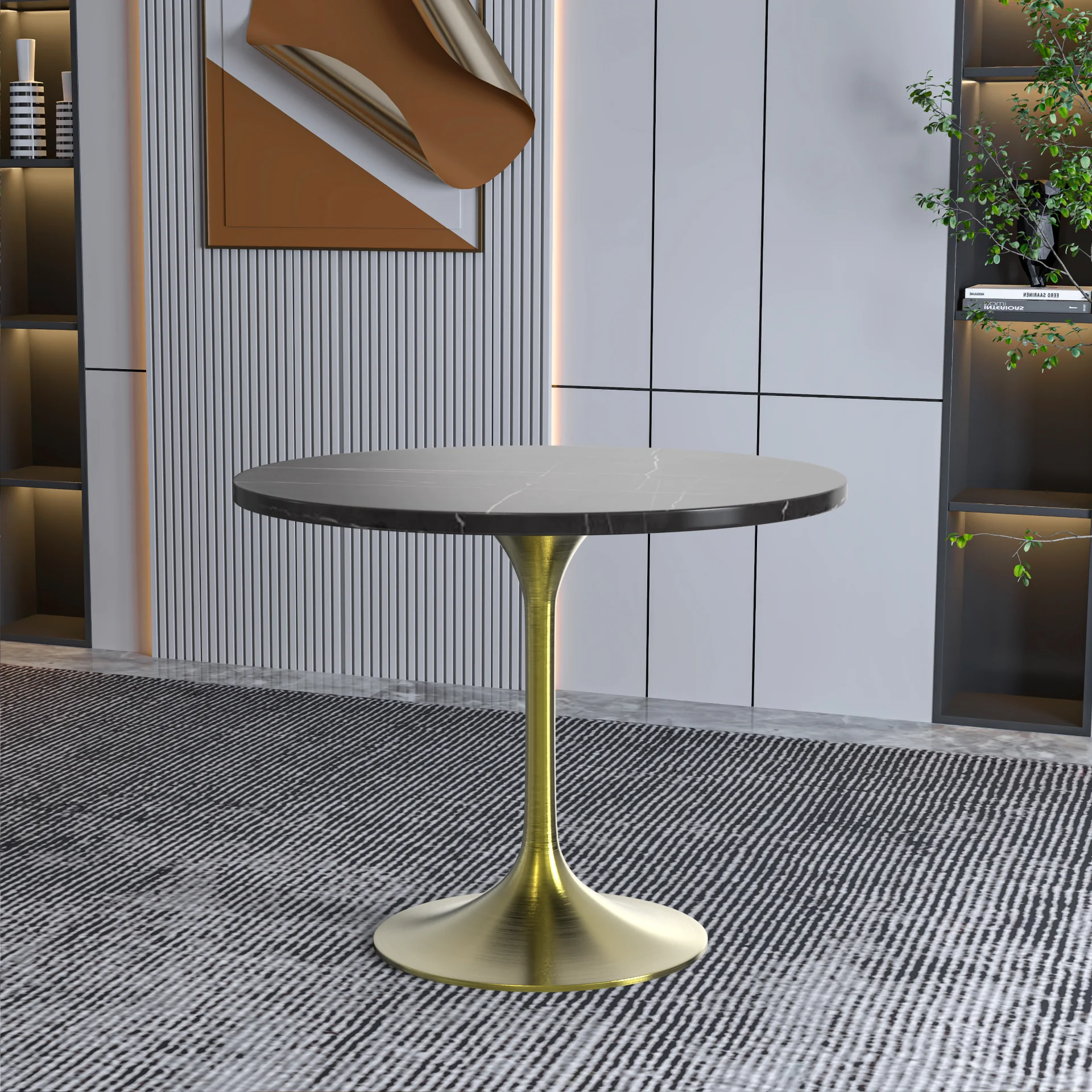 Verve Collection 36 Round Dining Table, Brushed Gold Base with Sintered Stone Black Top