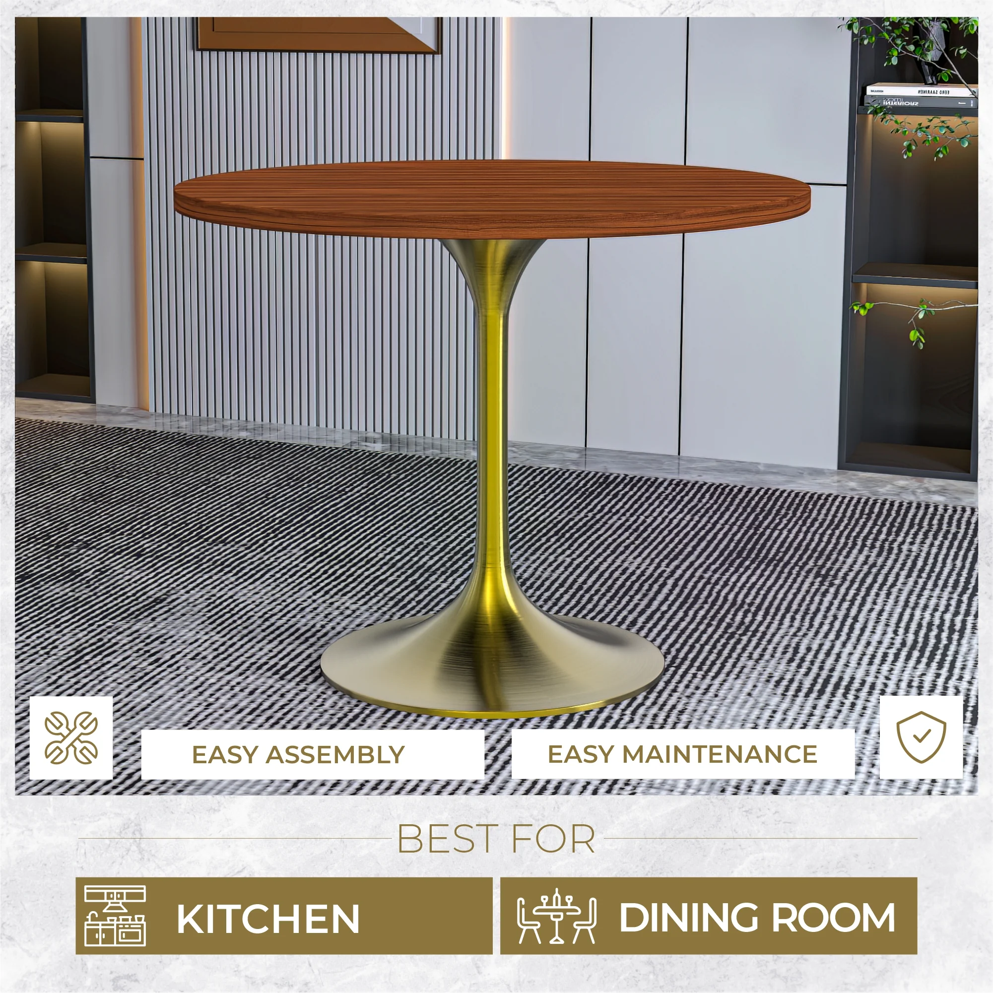 Verve Collection 36" Round Dining Table, Brushed Gold Base with Cognac Brown MDF Top