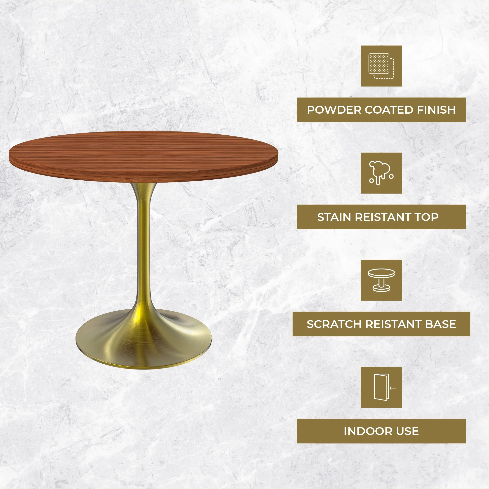 Verve Collection 36" Round Dining Table, Brushed Gold Base with Cognac Brown MDF Top