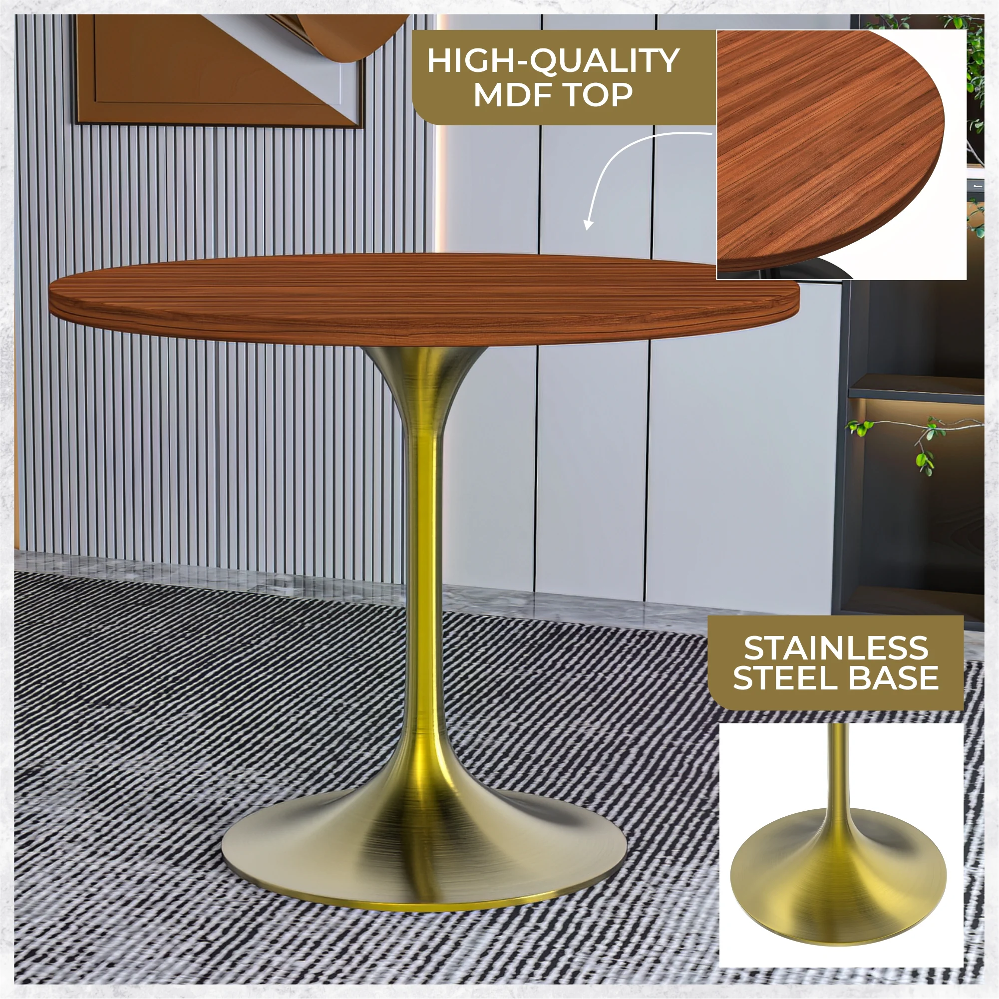 Verve Collection 36" Round Dining Table, Brushed Gold Base with Cognac Brown MDF Top