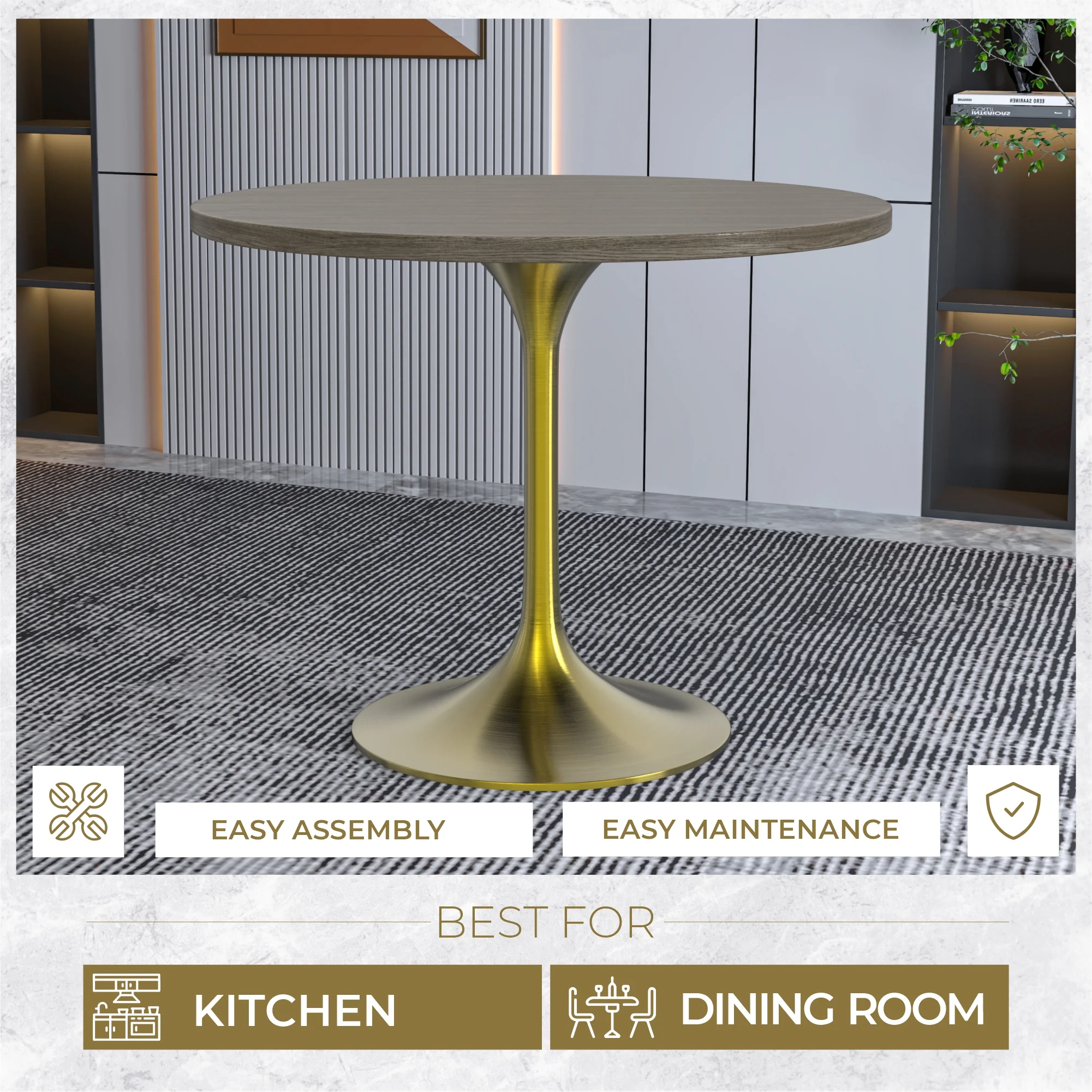 Verve Collection 36" Round Dining Table, Brushed Gold Base with Dark Maple MDF Top