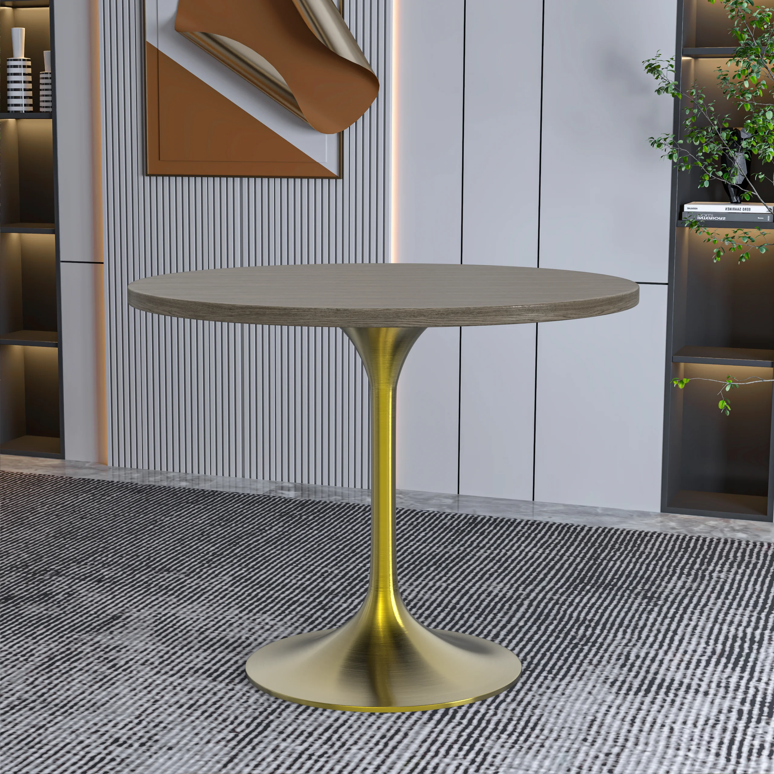 Verve Collection 36" Round Dining Table, Brushed Gold Base with Dark Maple MDF Top