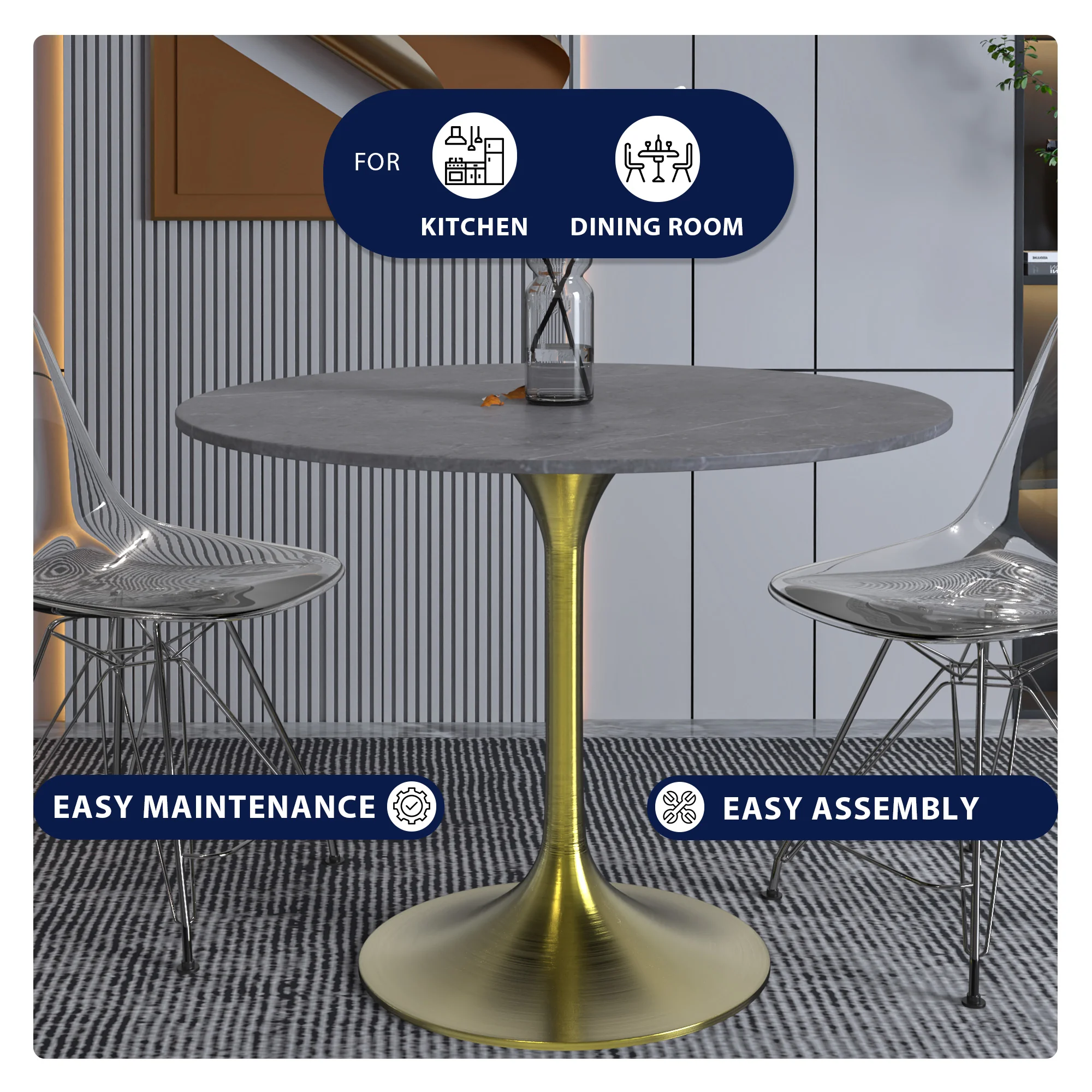 Verve Collection 36 Round Dining Table, Brushed Gold Base with Sintered Stone Grey Top