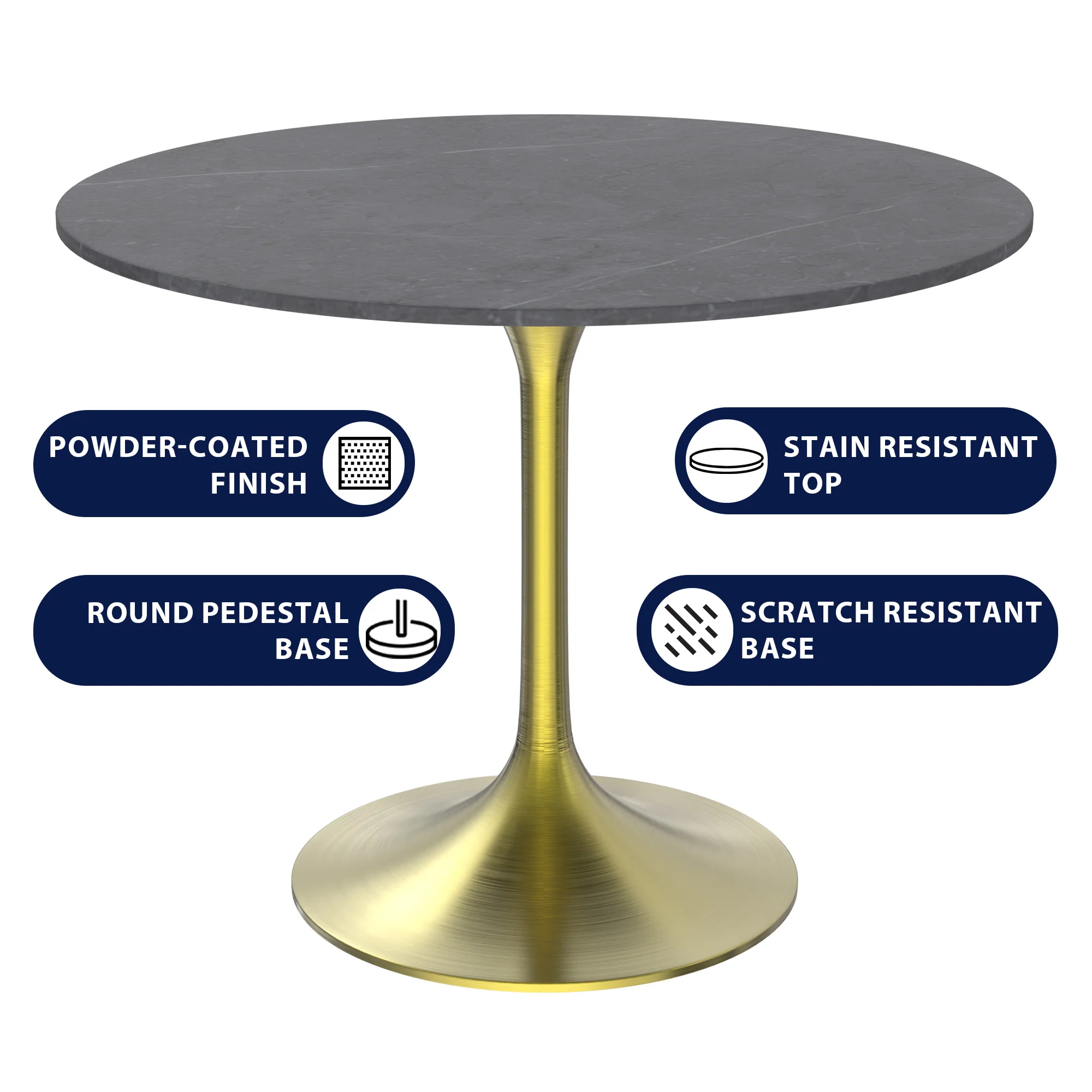 Verve Collection 36 Round Dining Table, Brushed Gold Base with Sintered Stone Grey Top