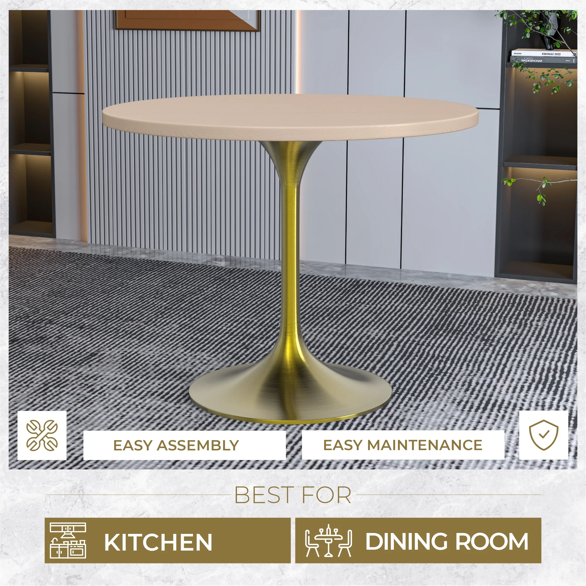Verve Collection 36" Round Dining Table, Brushed Gold Base with Light Natural Wood MDF Top