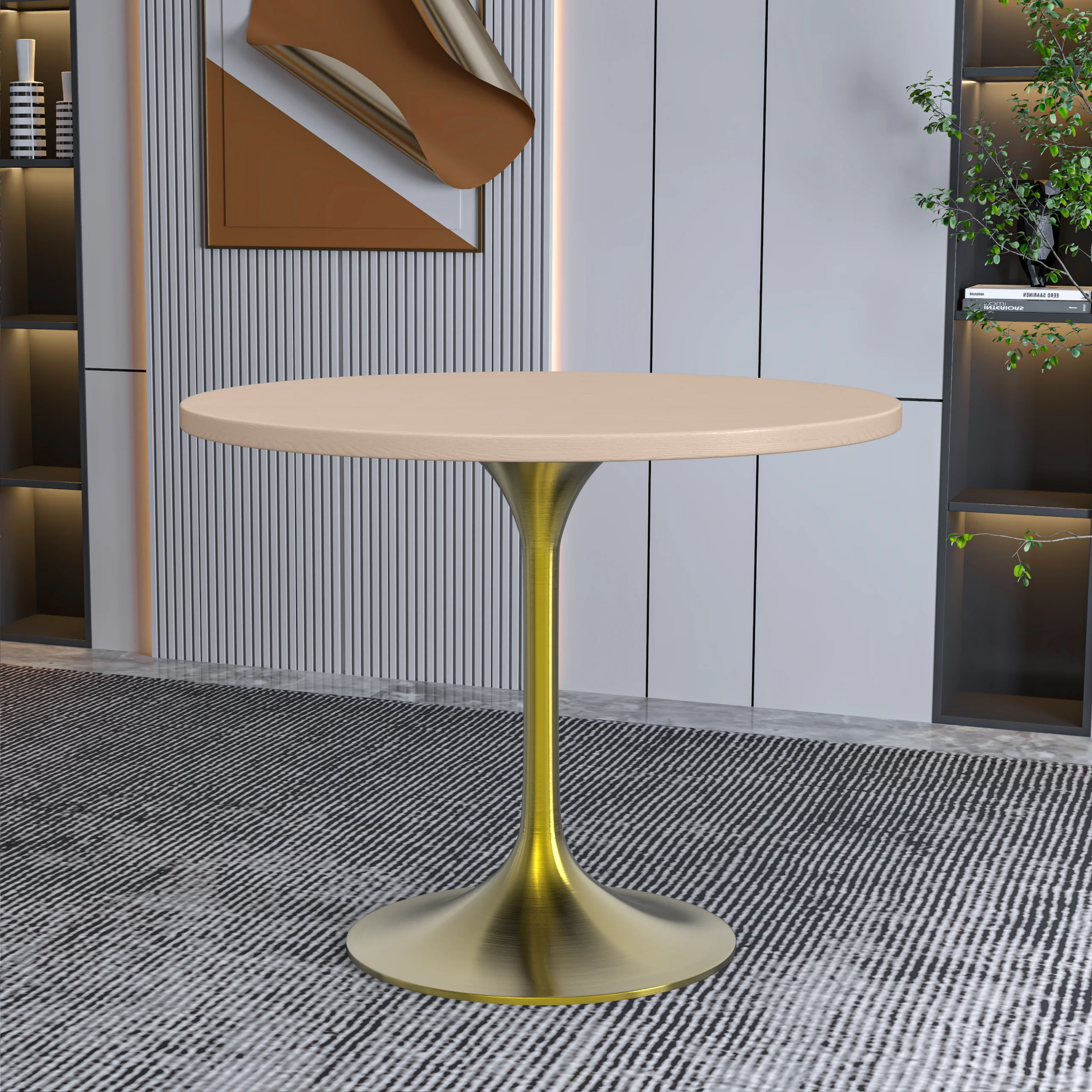 Verve Collection 36" Round Dining Table, Brushed Gold Base with Light Natural Wood MDF Top
