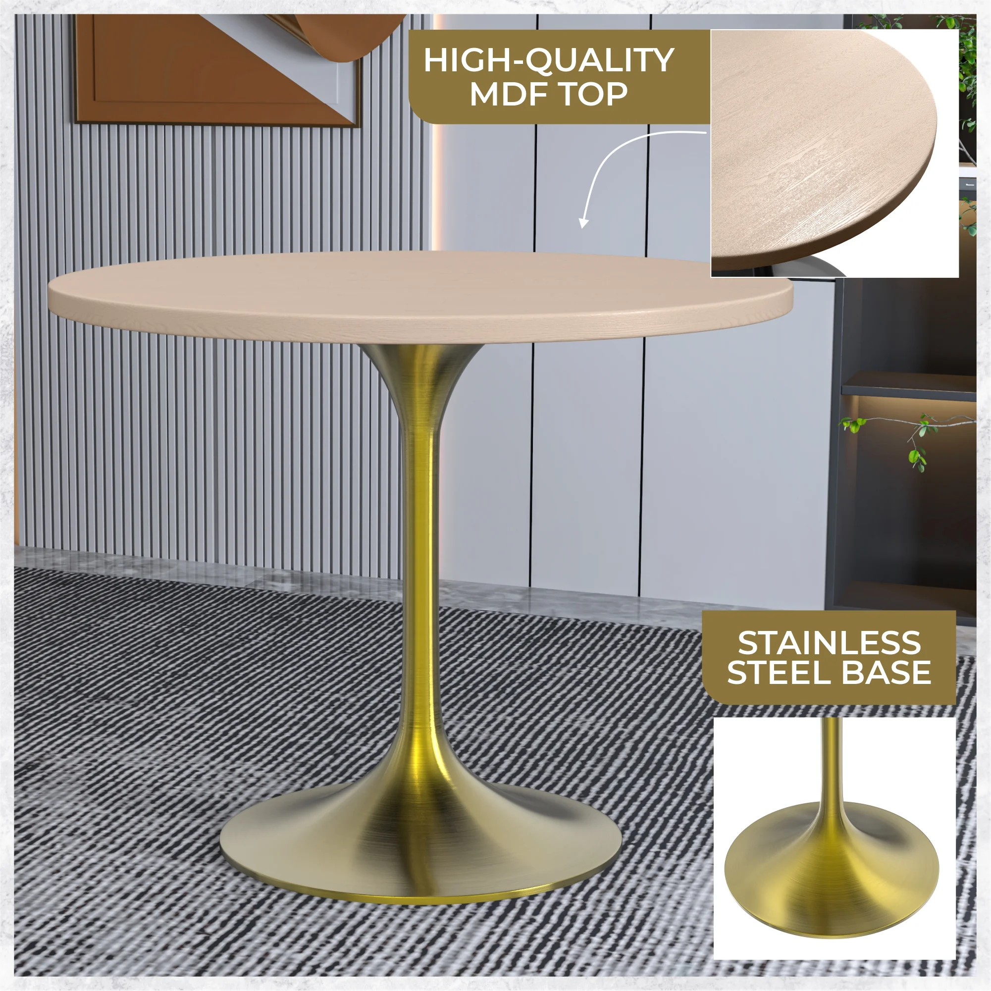 Verve Collection 36" Round Dining Table, Brushed Gold Base with Light Natural Wood MDF Top