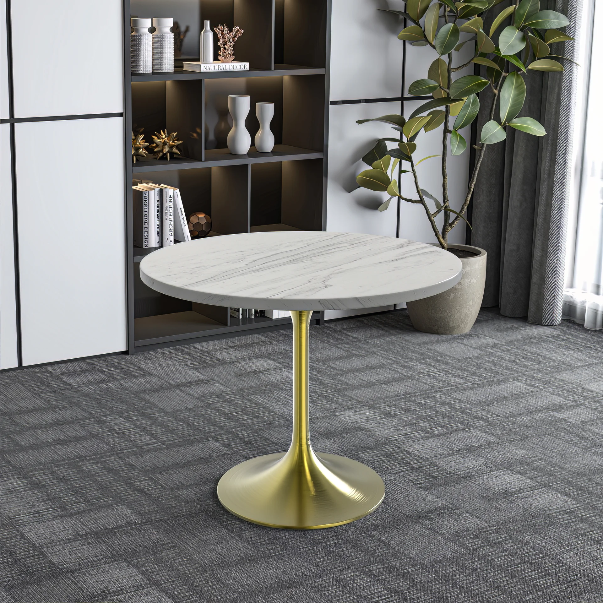 Verve Collection 36 Round Dining Table, Brushed Gold Base with Laminated White Marbleized Top