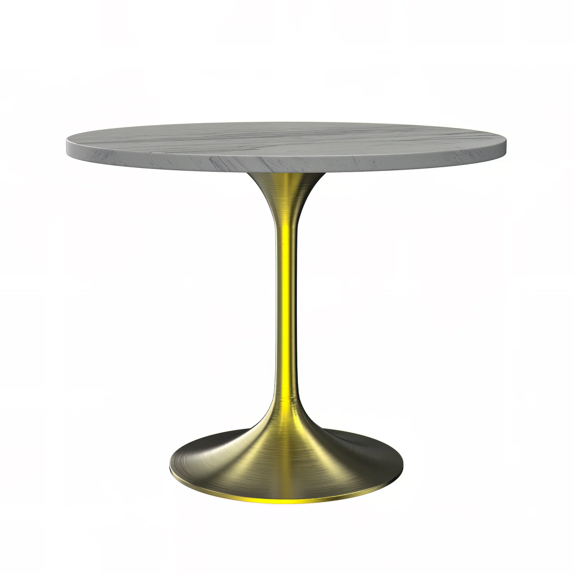 Verve Collection 36 Round Dining Table, Brushed Gold Base with Laminated White Marbleized Top