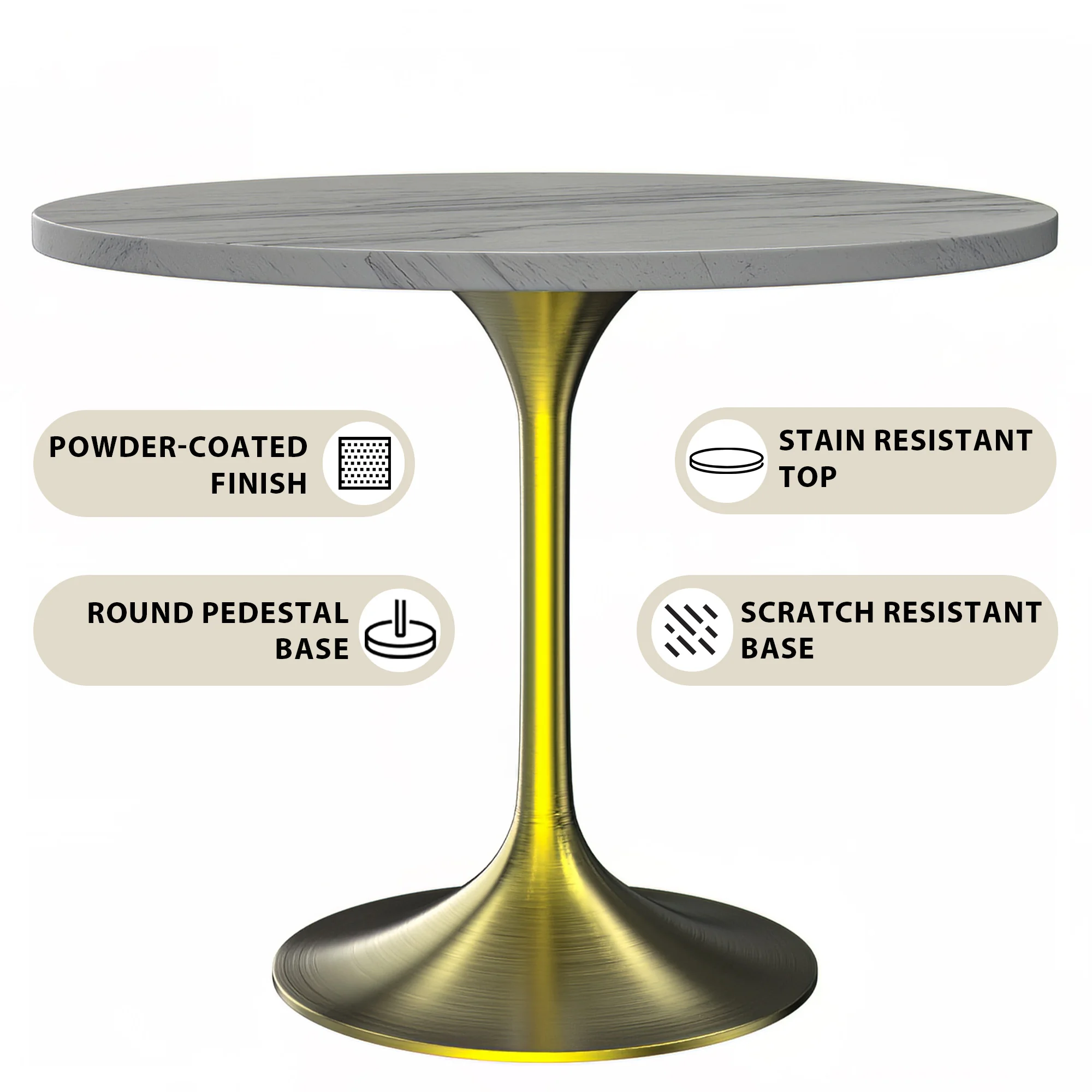 Verve Collection 36 Round Dining Table, Brushed Gold Base with Laminated White Marbleized Top