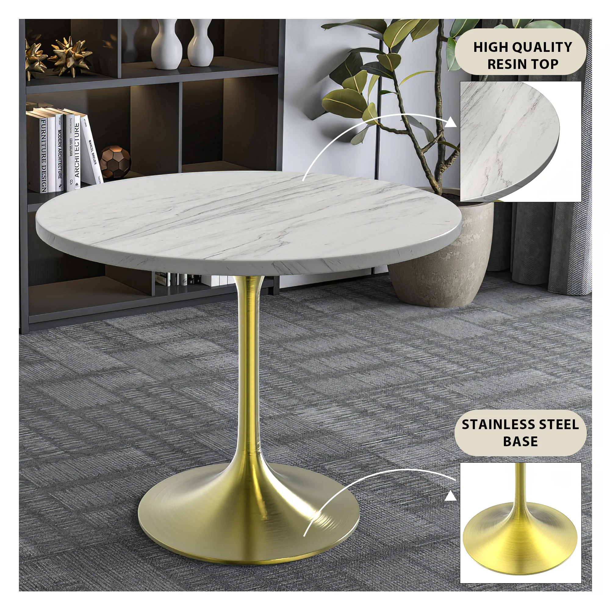 Verve Collection 36 Round Dining Table, Brushed Gold Base with Laminated White Marbleized Top