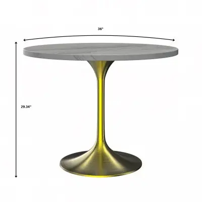 Verve Collection 36 Round Dining Table, Brushed Gold Base with Laminated White Marbleized Top