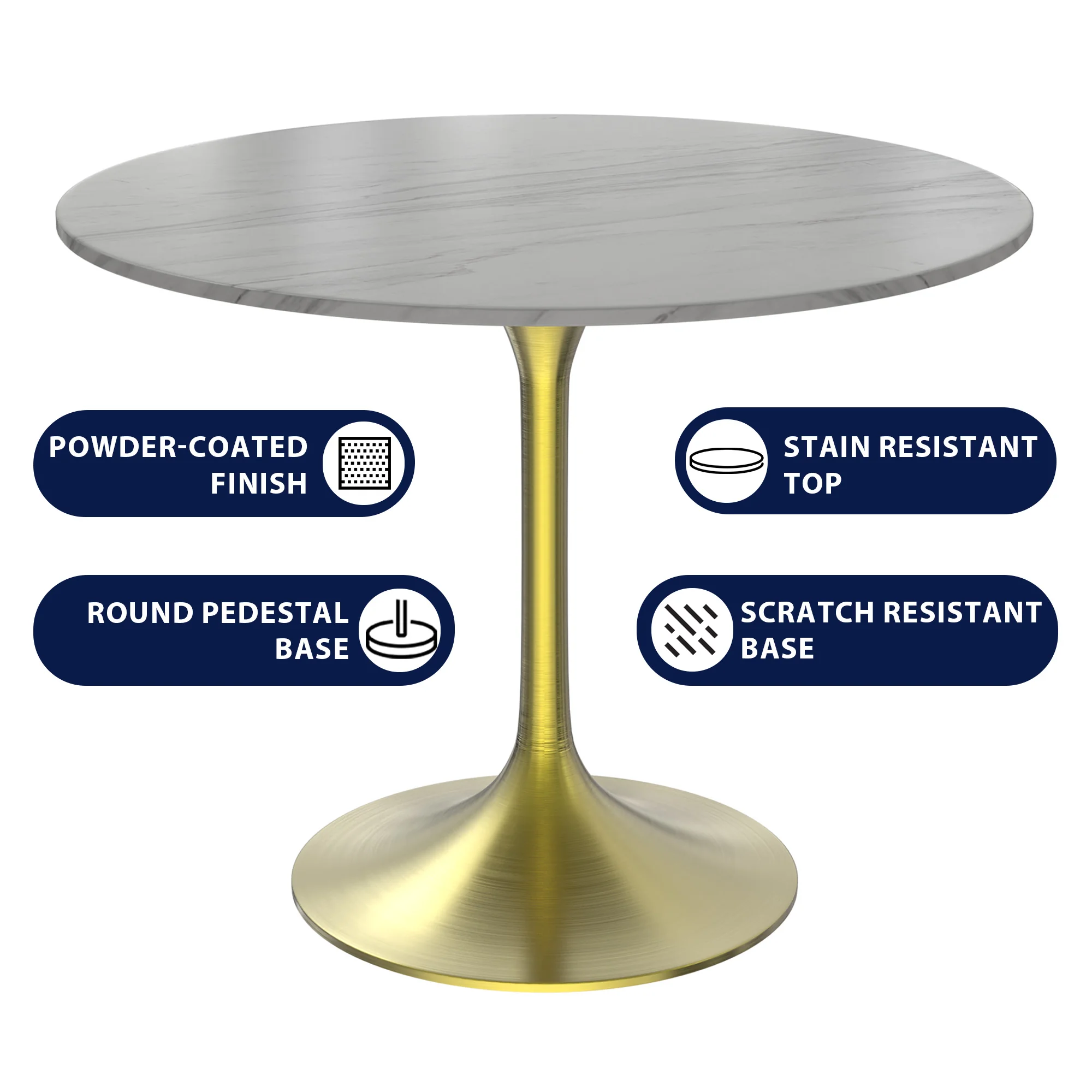 Verve Collection 36 Round Dining Table, Brushed Gold Base with Sintered Stone White Top