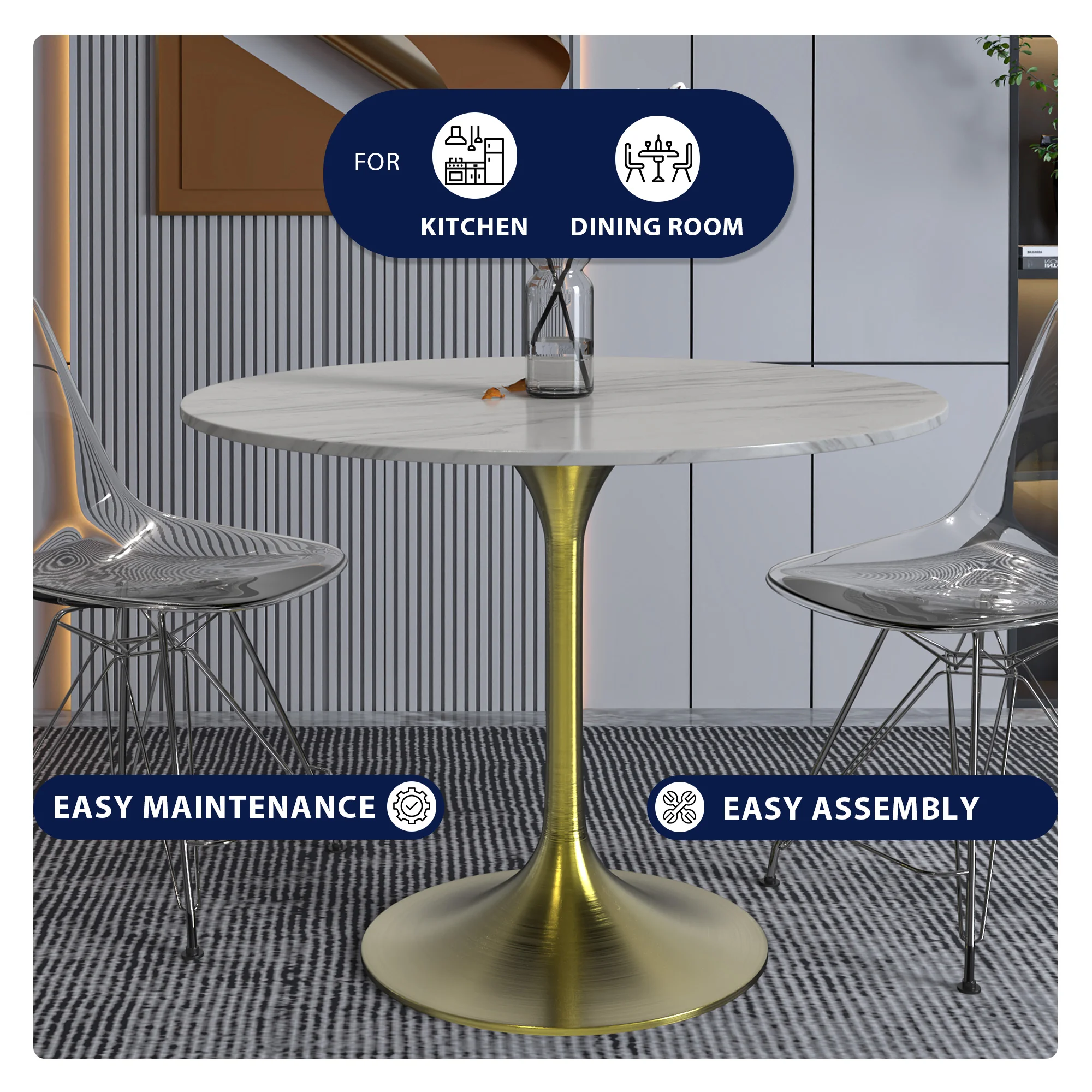 Verve Collection 36 Round Dining Table, Brushed Gold Base with Sintered Stone White Top