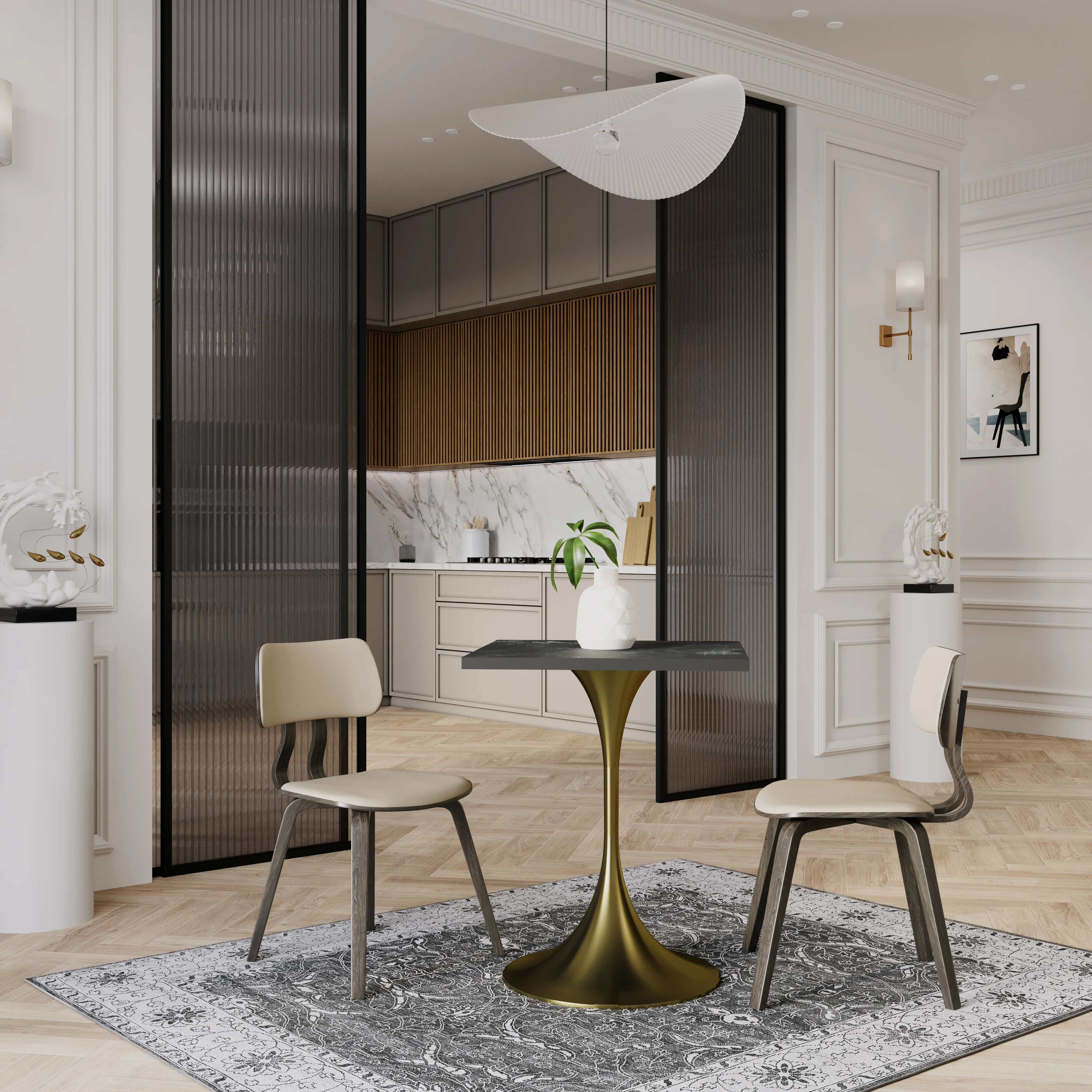 Verve Collection 24 Square Dining Table, Brushed Gold Base with Black MDF Top