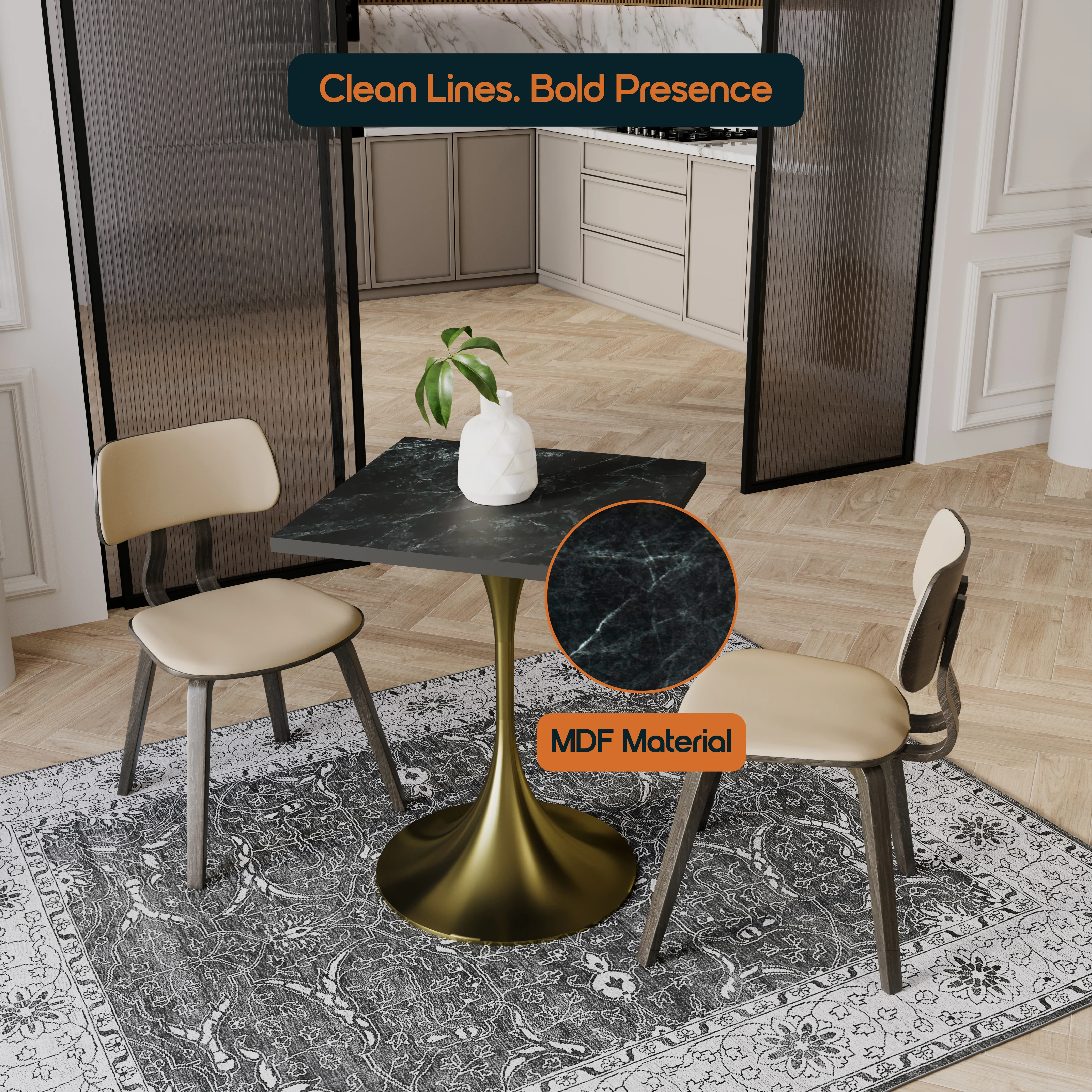 Verve Collection 24 Square Dining Table, Brushed Gold Base with Black MDF Top