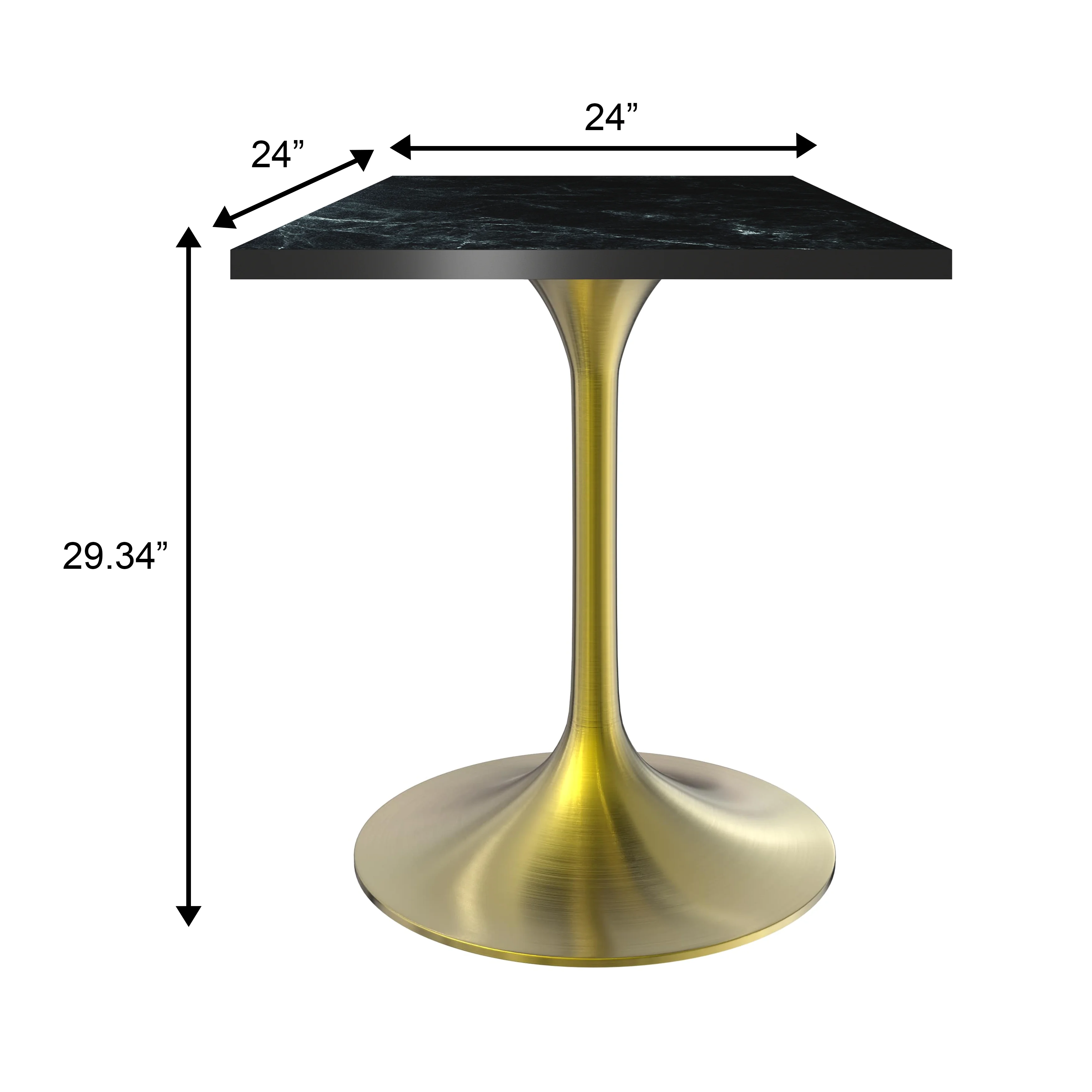 Verve Collection 24 Square Dining Table, Brushed Gold Base with Black MDF Top