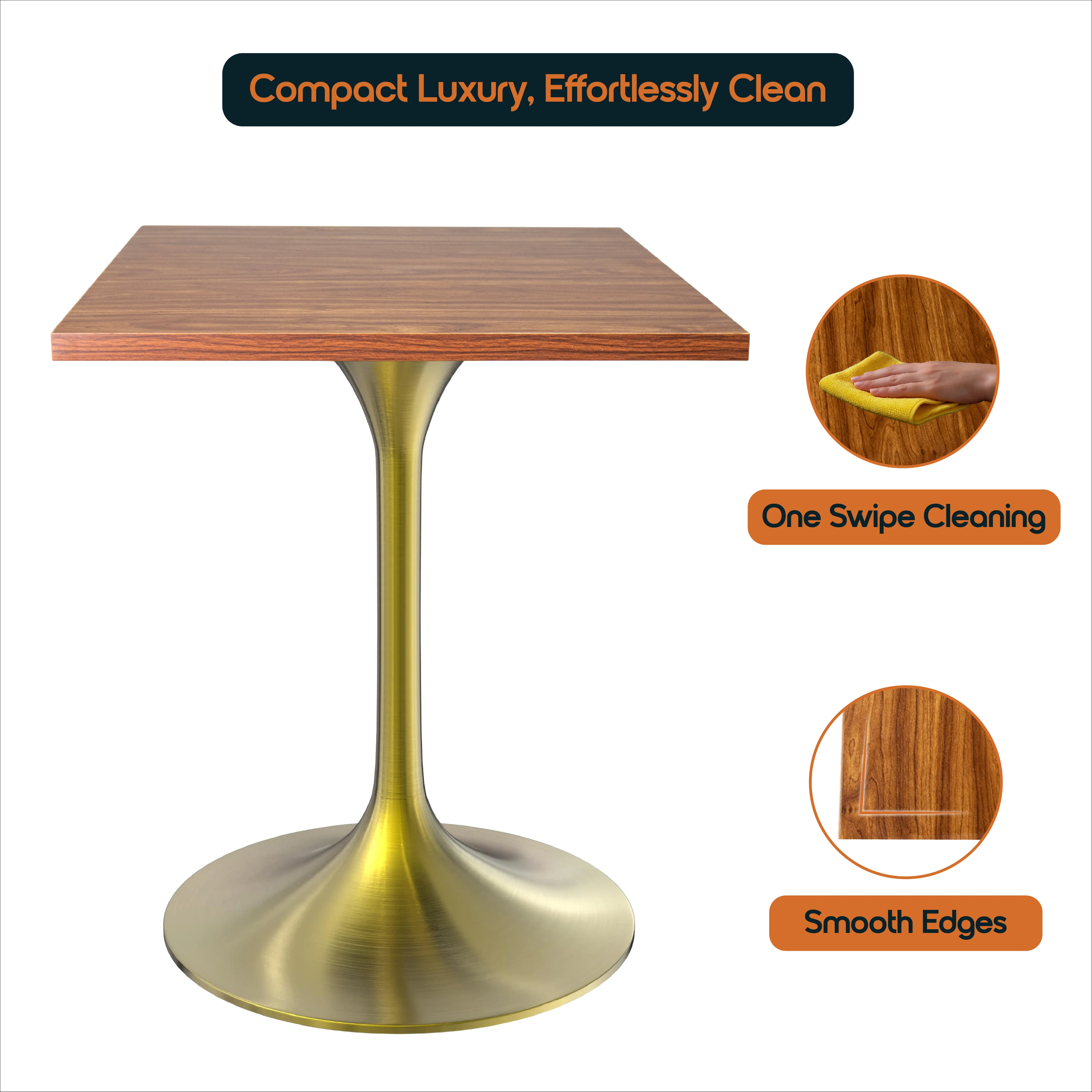 Verve Collection 24 Square Dining Table, Brushed Gold Base with Cognac Brown MDF Top