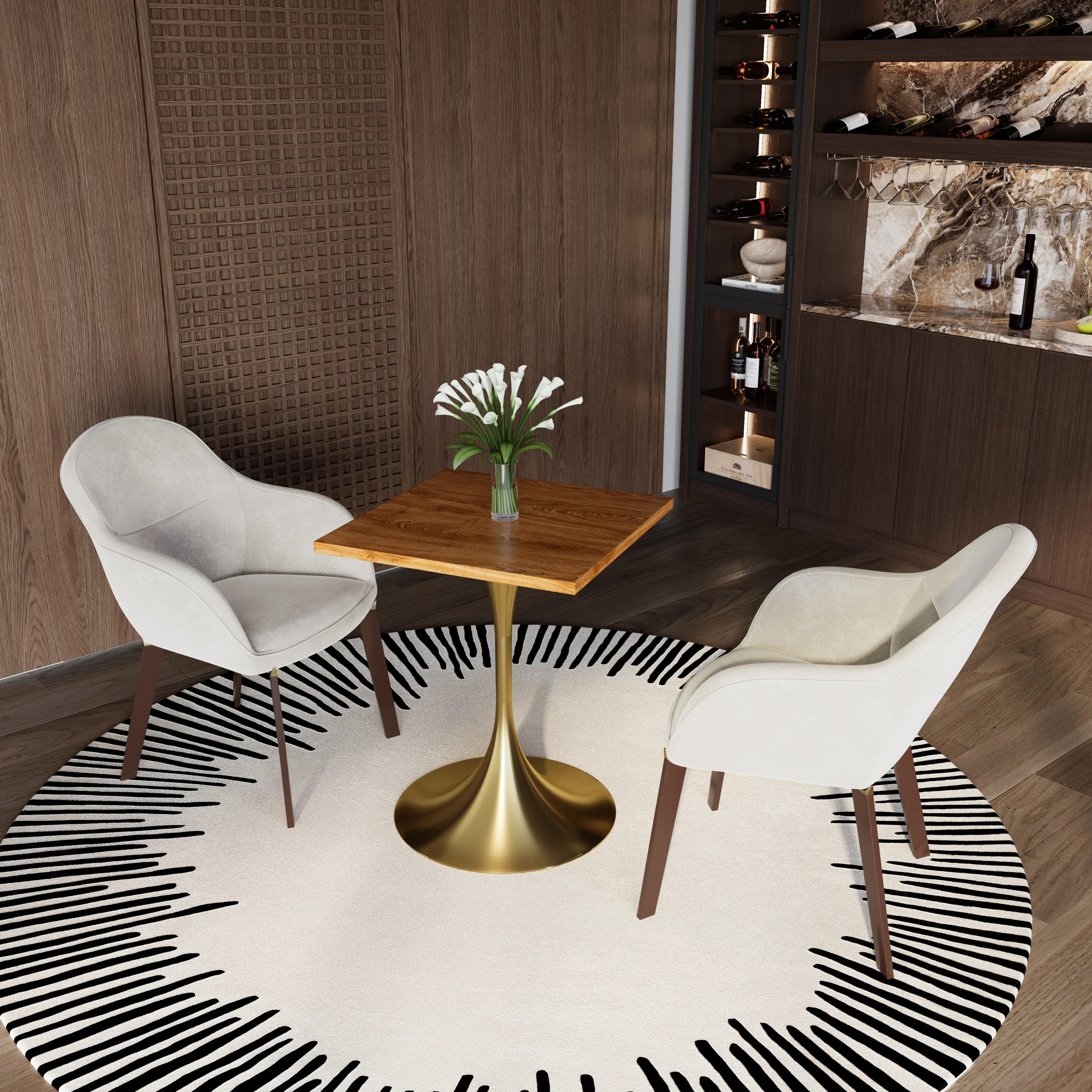 Verve Collection 24 Square Dining Table, Brushed Gold Base with Cognac Brown MDF Top