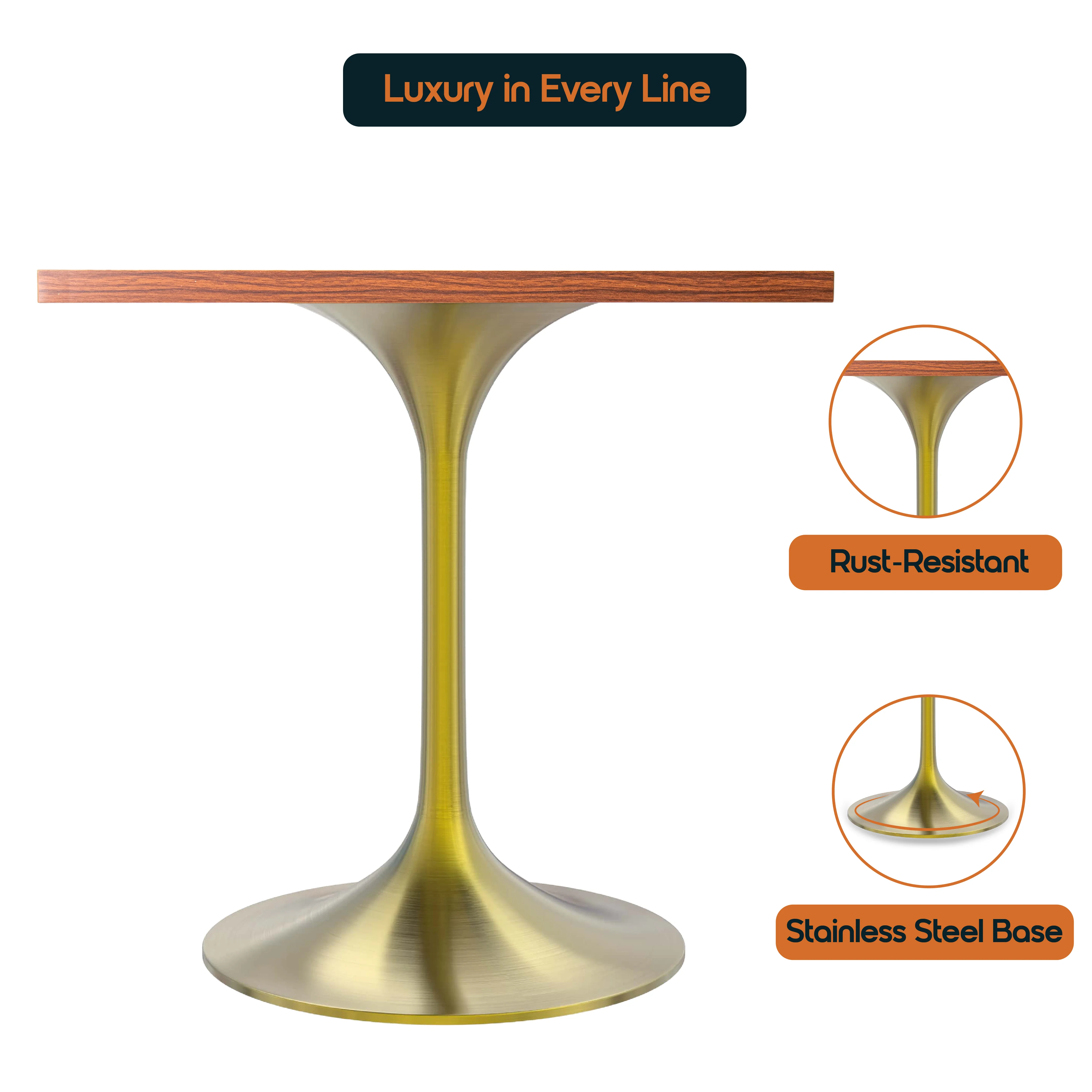 Verve Collection 24 Square Dining Table, Brushed Gold Base with Cognac Brown MDF Top