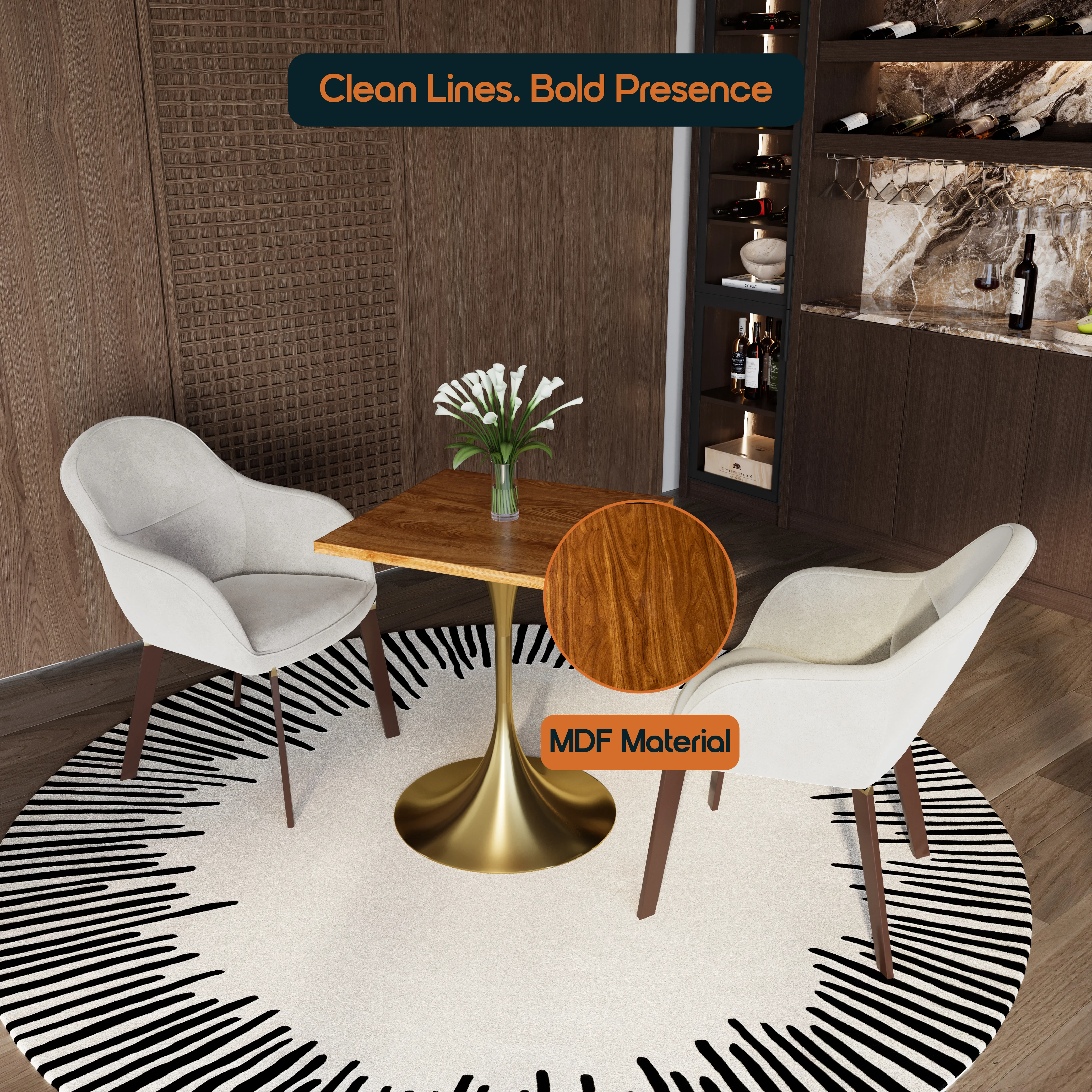 Verve Collection 24 Square Dining Table, Brushed Gold Base with Cognac Brown MDF Top