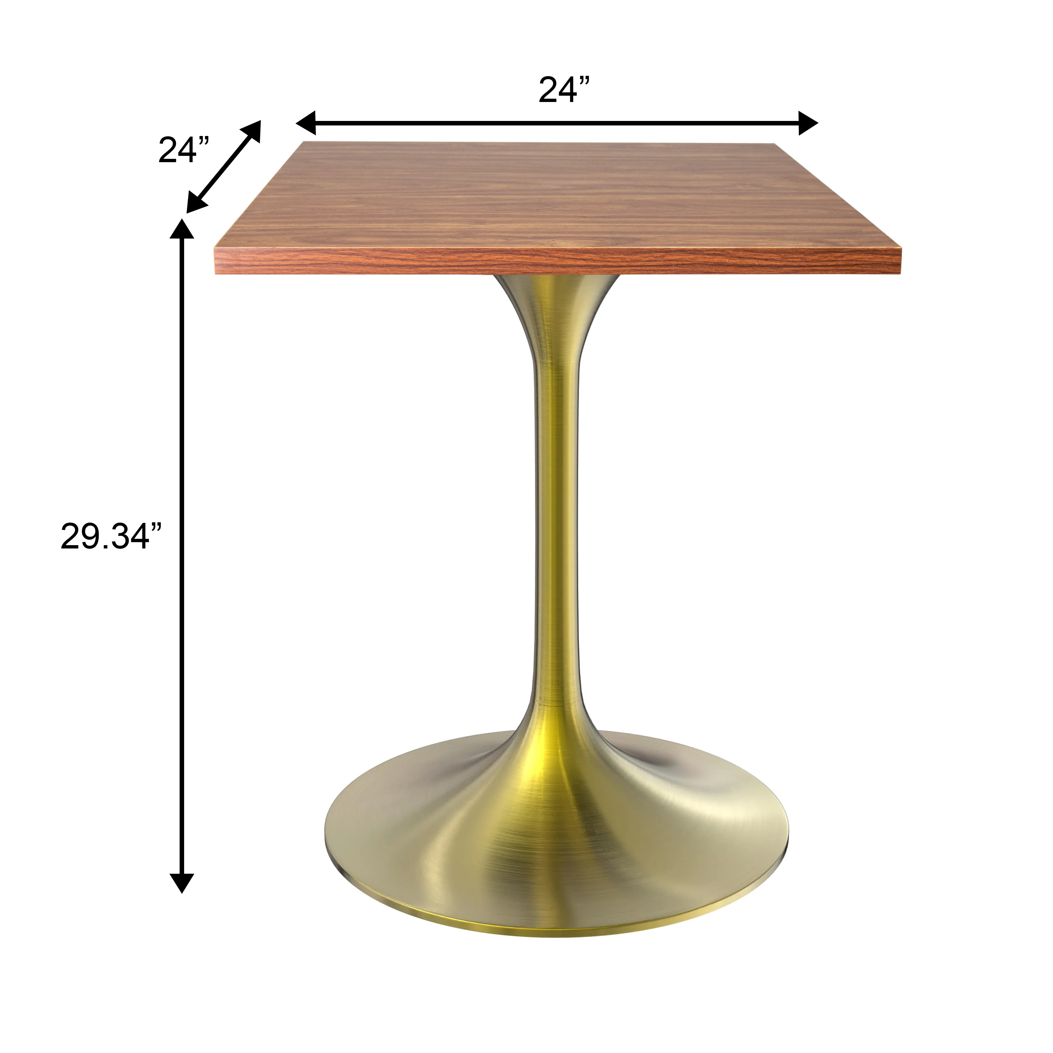 Verve Collection 24 Square Dining Table, Brushed Gold Base with Cognac Brown MDF Top