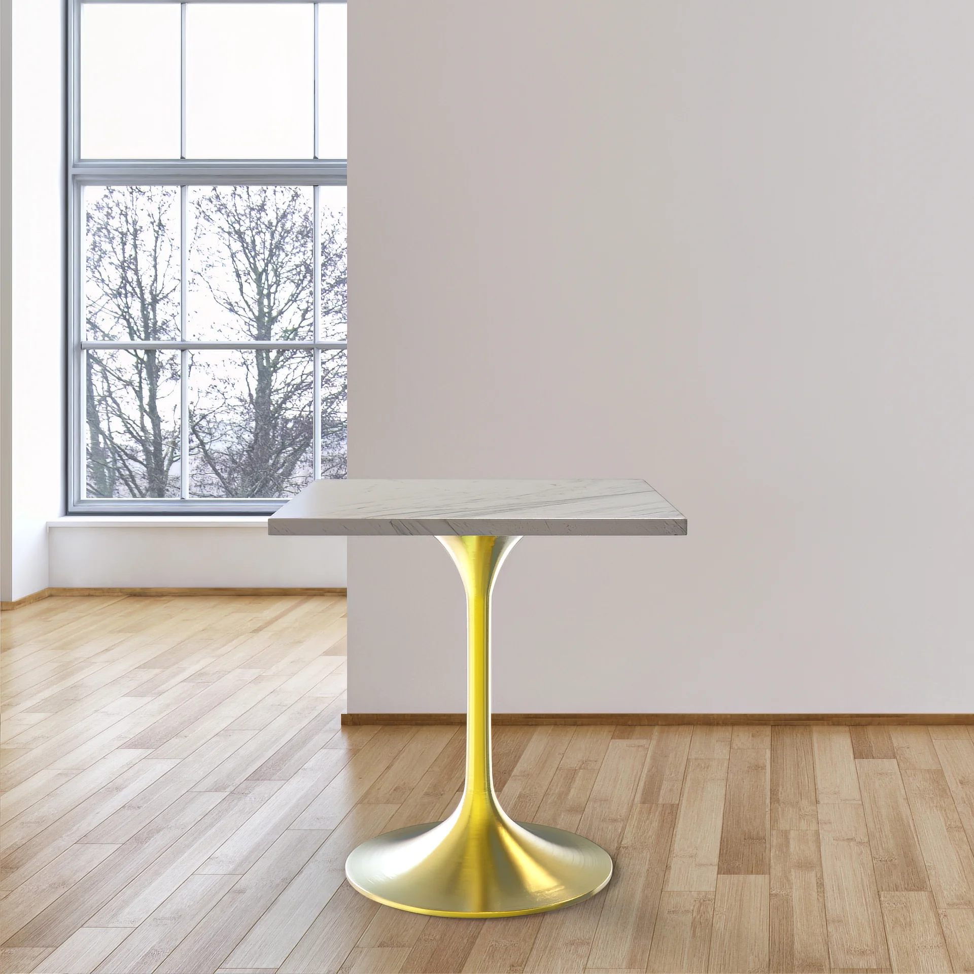 Verve Collection 27" Square Dining Table, Brushed Gold Base with Laminated White Marbleized Top