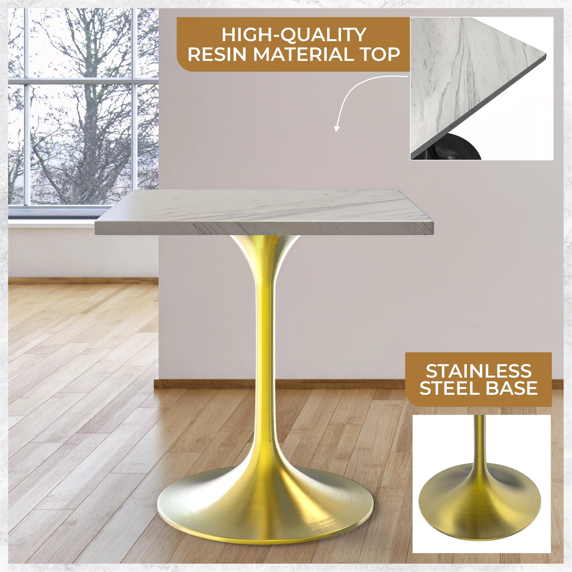 Verve Collection 27" Square Dining Table, Brushed Gold Base with Laminated White Marbleized Top