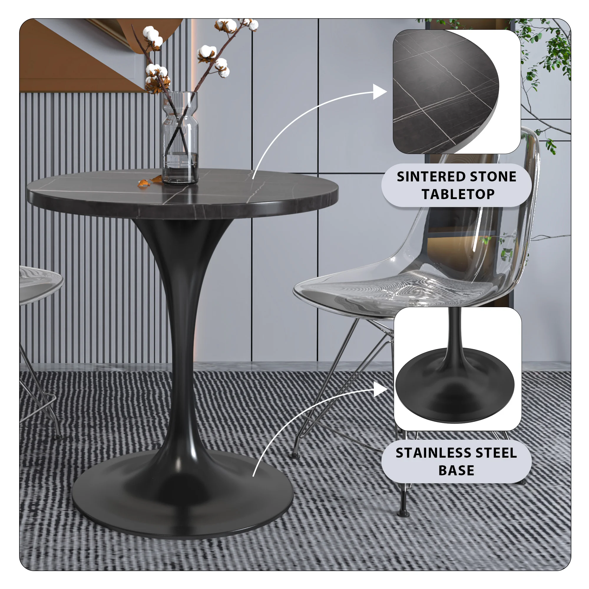 Verve Collection 27 Round Dining Table, Black Base with Sintered Stone Black Top