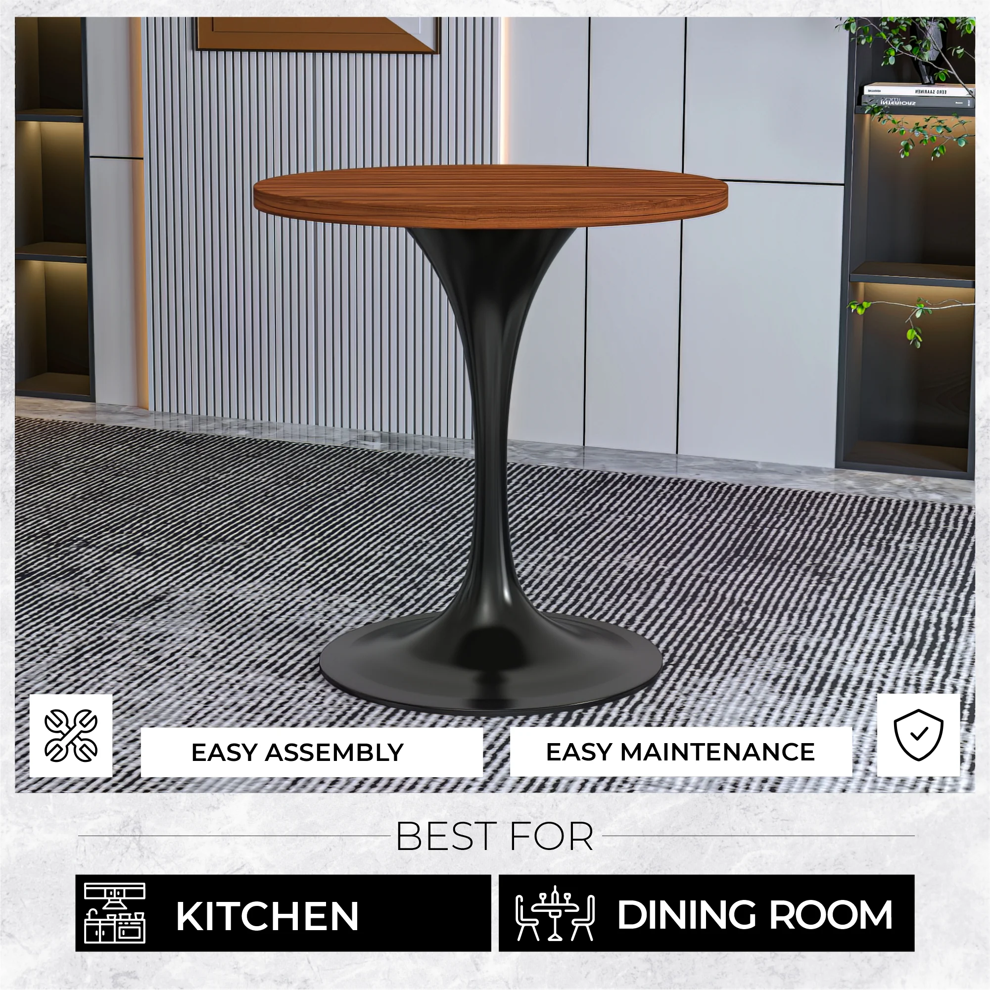 Verve Collection 27 Round Dining Table, Black Base with Cognac Brown MDF Top
