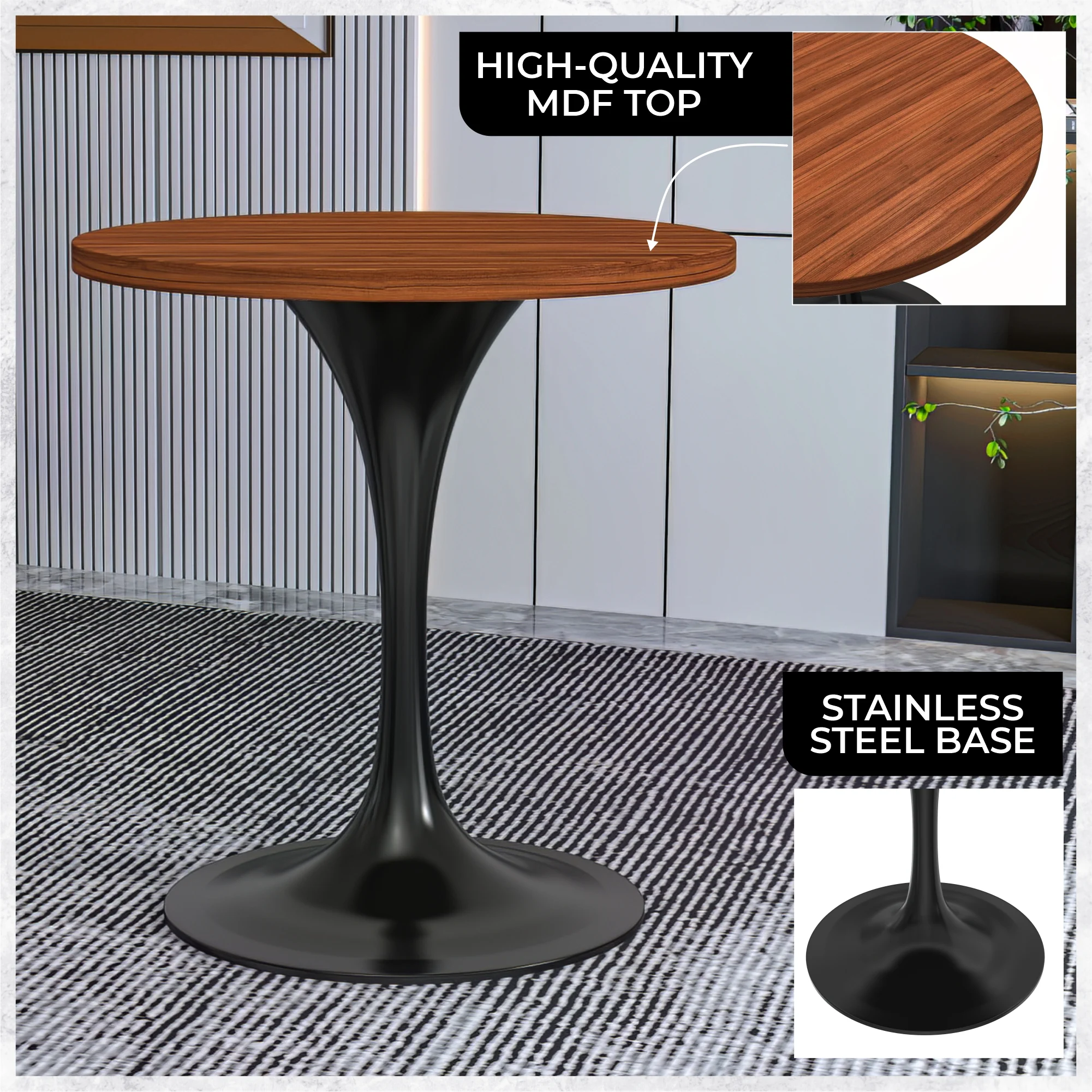 Verve Collection 27 Round Dining Table, Black Base with Cognac Brown MDF Top