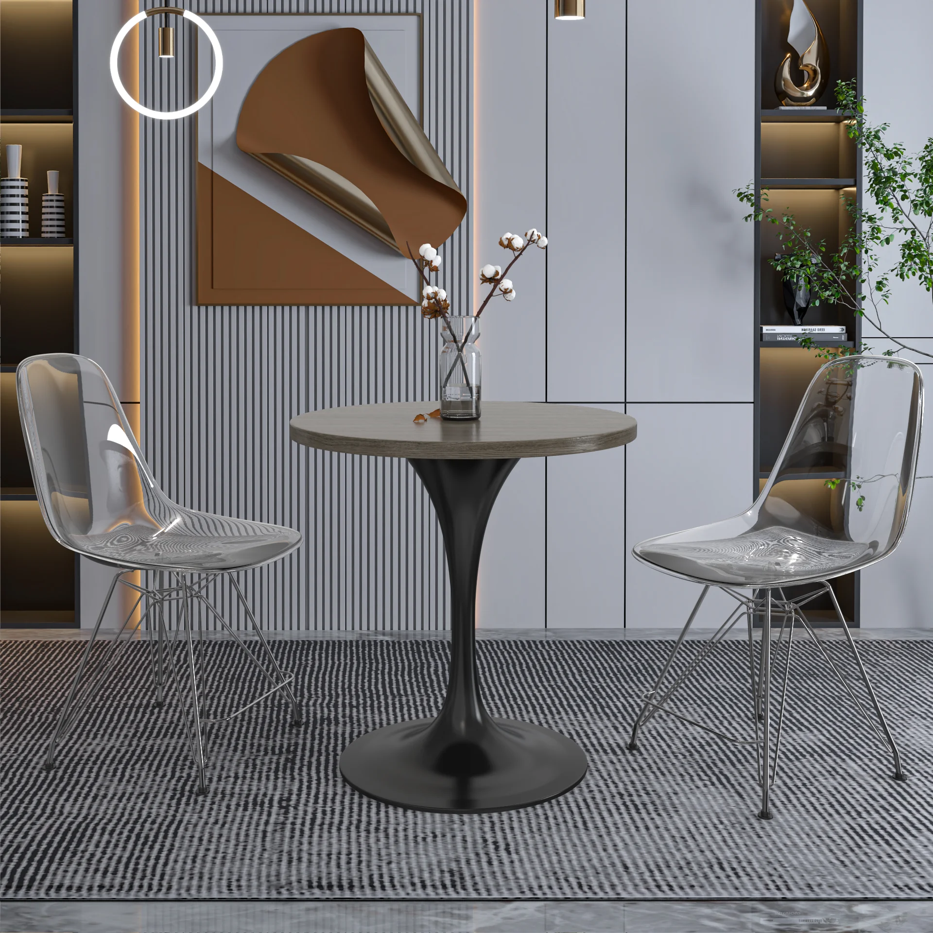 Verve Collection 27 Round Dining Table, Black Base with Dark Maple MDF Top