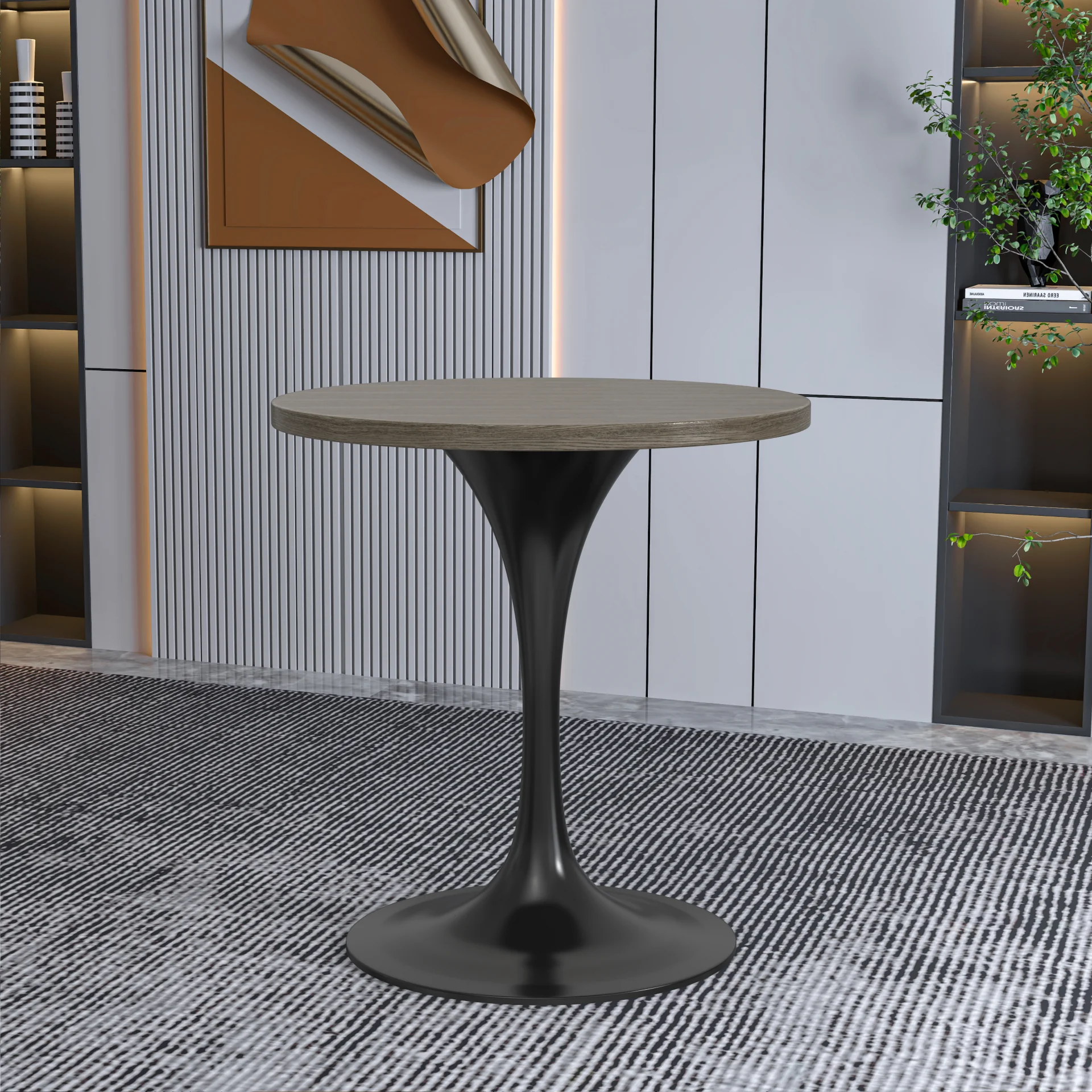 Verve Collection 27 Round Dining Table, Black Base with Dark Maple MDF Top